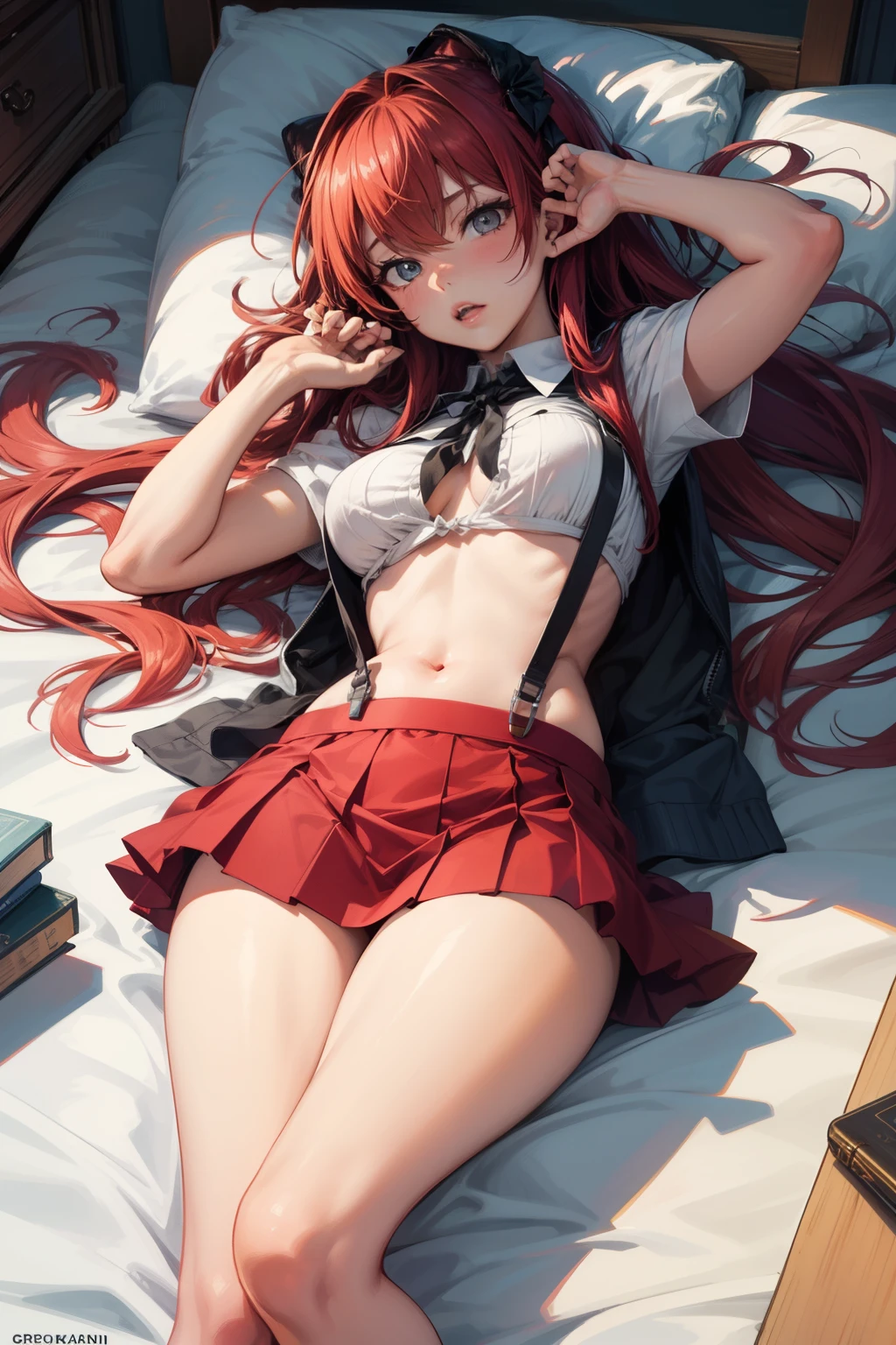 best qyality, perky tits, 8k, hdr, stocking suspenders, Anime girl with red hair and short skirt lying down, anime drawing inspired by Rei Kamoi, pixive, art process, high school DXD, Patreon content, DDLC, anime cover, seductive anime girl, Rias Gremory, going to devour you, furry art by first person, Sexy gesture poses pudica, flirty anime witch casting magic, yorha no. 2 type b,2b,nier
