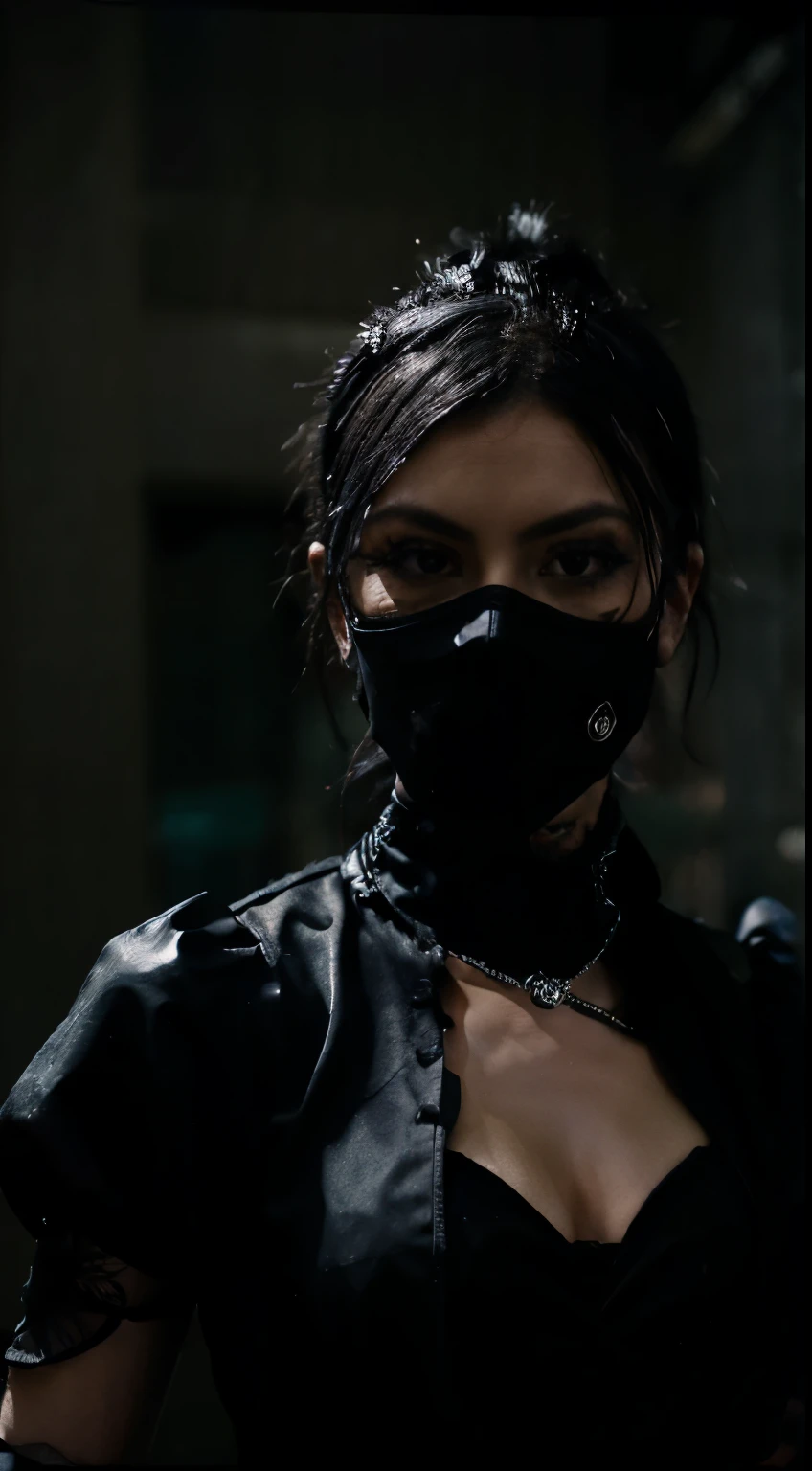 Photograph portrait of a Goth Business Punk in a intricate black costume,face obscured by a mask made of black bubbles,in black underground city,Shot with a macro lens to capture the intricate details,photorealistic,stunningly,dramatic lighting,Photo,Depth of Field