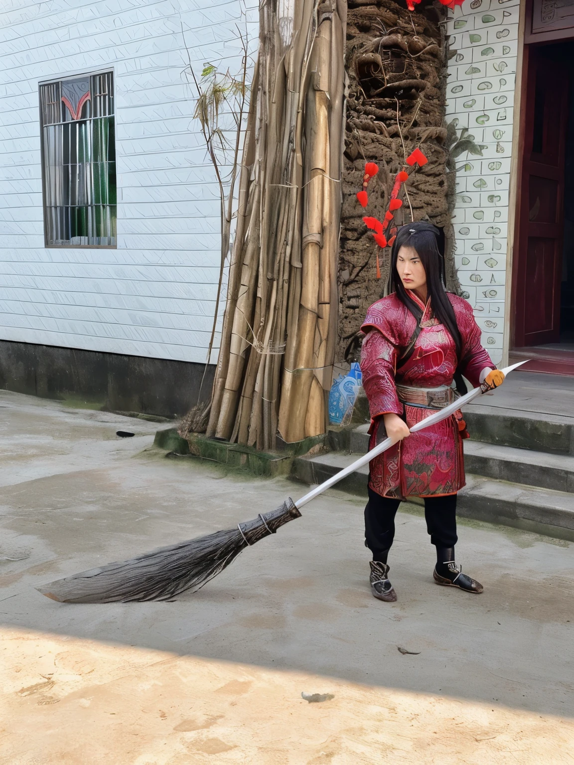 Guan Yu, Hold a large knife in your hand, 女性Guan Yu, Chinese traditional culture, Ancient China, face close-up, ultra high definition, Super details, elegant standing posture, Ultra-thin translucent wet yarn