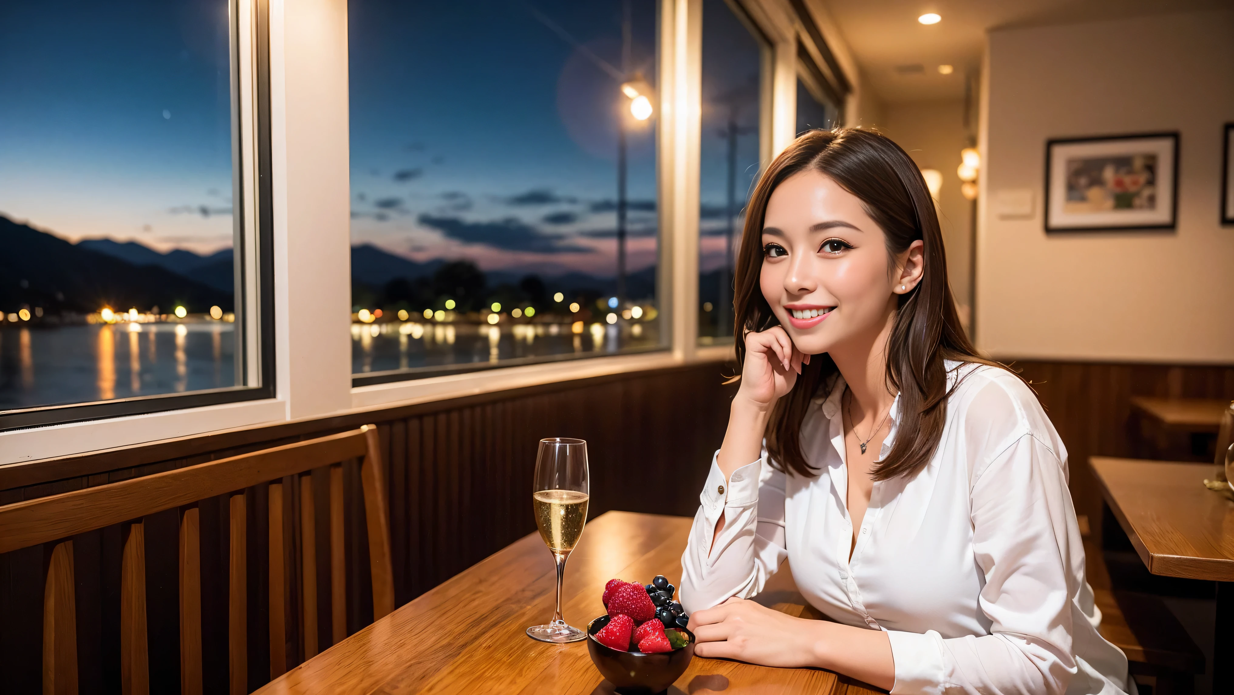 64k, Hmm, highest quality, masterpiece: 1.2), (realistic, photorealistic: 1.37), Spectacular view of the sunset sky and clouds、Amazing mountain views、slimな美女3名, (slimフェイス),Happy、 最高なsmile、Fox face、Berry Short、(because I&#39;thin), (brown hair), (shortcut), long sleeve shirt、winter fashion、Colombian、Brazilian、Japanese、Dutch、German、Portuguese、Belgian、Italian、French,Champagne、sparkling wine、 (gush out), (slimボティ), (brown hair), (shortcut), neat beauty、cheeks turn a little red, (35 years old), 38 years old, alone, A beautiful and detailed night view spreads out outside the window...., restaurant, wine glassが座っている, At night, in a prominent place (from the Upper body) nova frog style, actress, model, Upper body, White wine, slim, wine glass, Very beautiful night view, wine glass Put in the Middle, Happy smile, (smile: 1.15), 