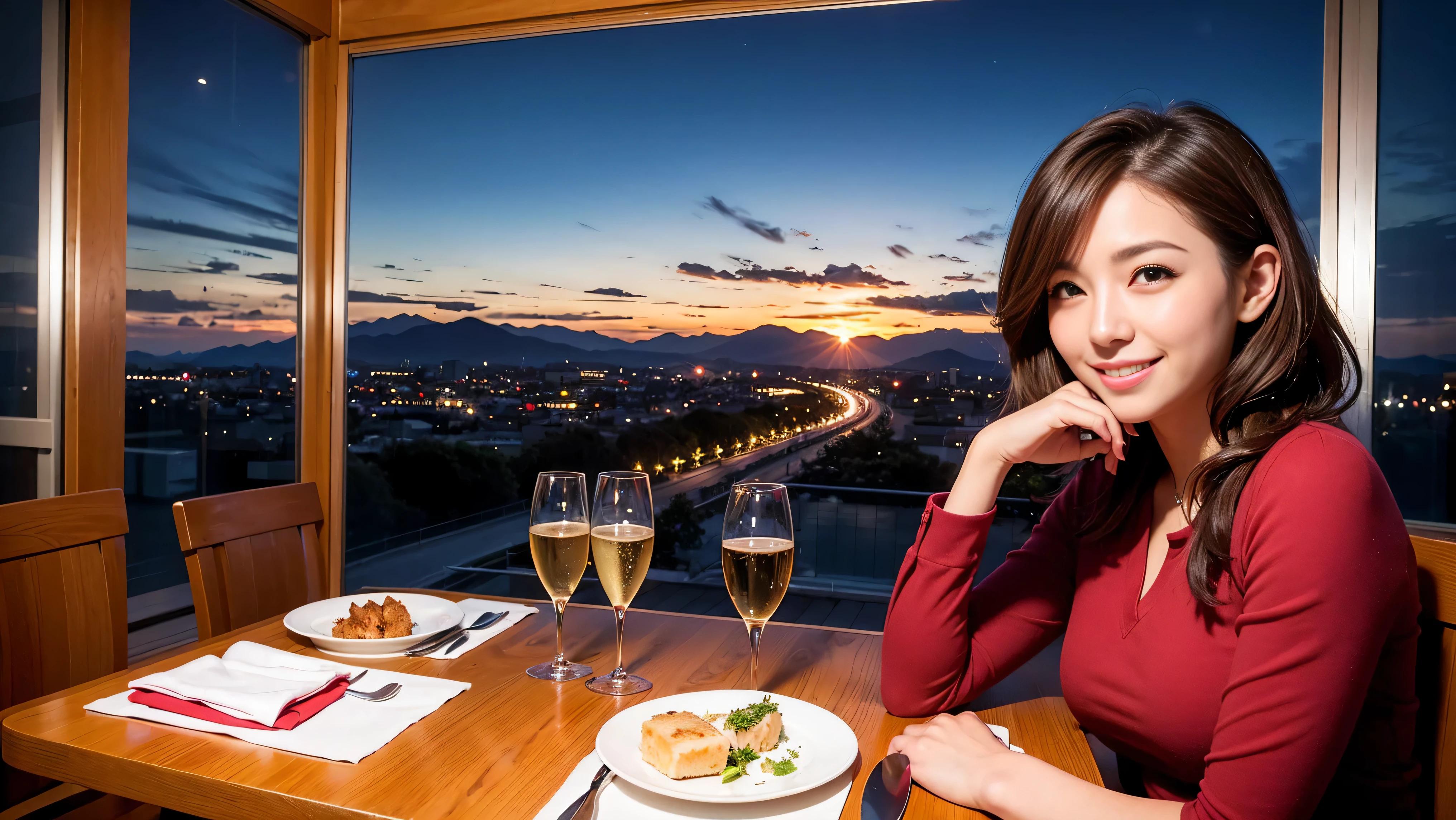 64k, Hmm, highest quality, masterpiece: 1.2), (realistic, photorealistic: 1.37), Spectacular view of the sunset sky and clouds、Amazing mountain views、slimな美女3名, (slimフェイス),Happy、 最高なsmile、Fox face、Berry Short、(because I&#39;thin), (brown hair), (shortcut), long sleeve shirt、winter fashion、Colombian、Brazilian、Japanese、Dutch、German、Portuguese、Belgian、Italian、French,Champagne、sparkling wine、 (gush out), (slimボティ), (brown hair), (shortcut), neat beauty、cheeks turn a little red, (35 years old), 38 years old, alone, A beautiful and detailed night view spreads out outside the window...., restaurant, wine glassが座っている, At night, in a prominent place (from the Upper body) nova frog style, actress, model, Upper body, White wine, slim, wine glass, Very beautiful night view, wine glass Put in the Middle, Happy smile, (smile: 1.15), 