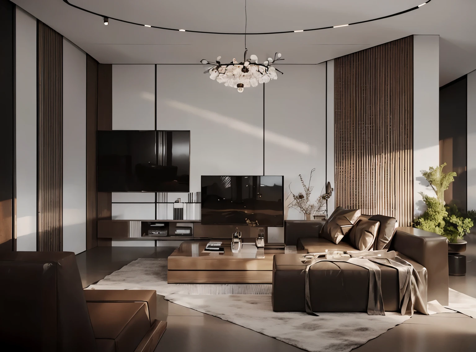 there is a living room with a couch, chairs, coffee table and a television, popular interior design style, in style of 3d render, rendered in 3 dsmax, high quality 3d render, high quality 3 d render, stuning 3 d render, rendered in vray, with 3 d render, with 3d render, excellent 3d render