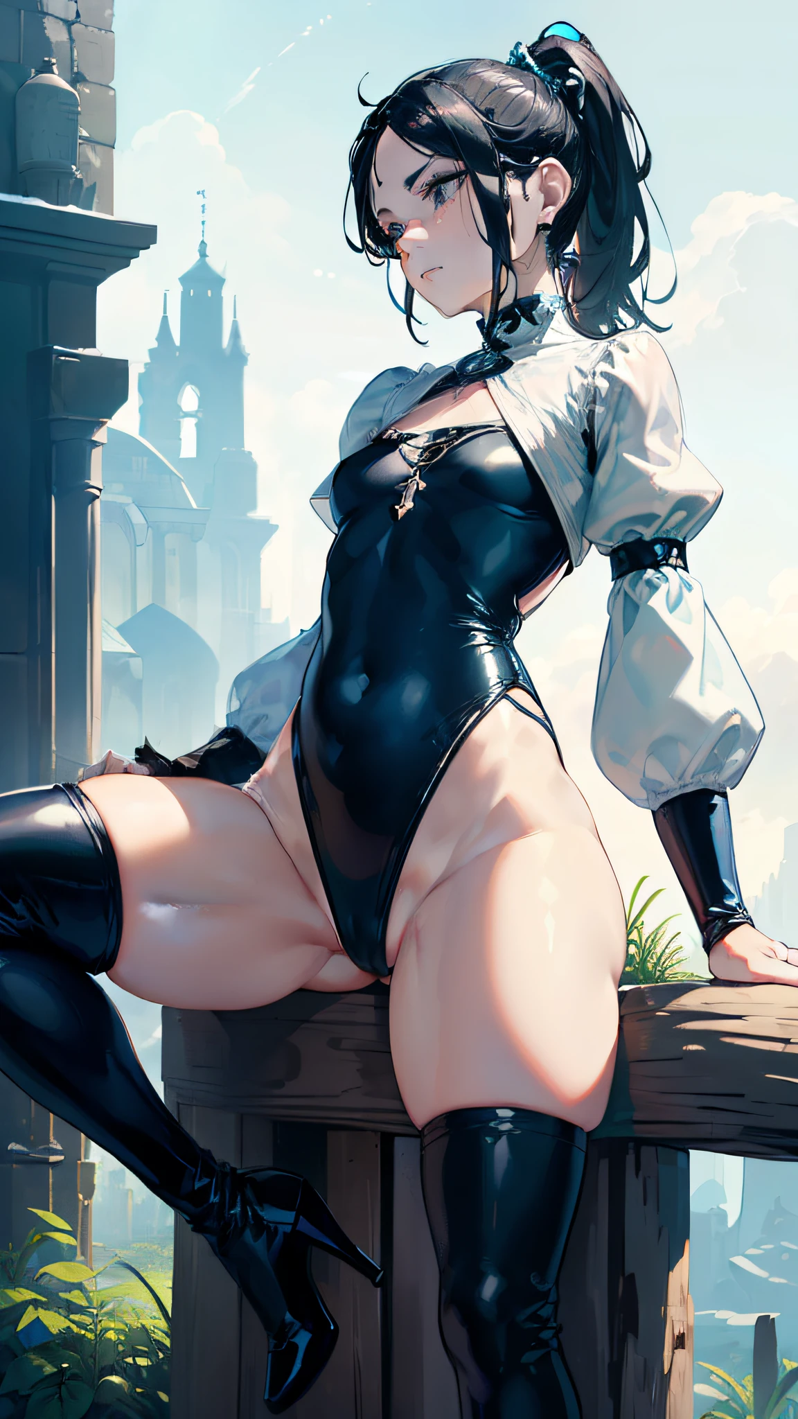 (((((middle-aged women))))), masterpiece, super detailed, 8K portrait, RAW photo, portrait photography, highly detailed face, ((fantasy)), 1 female, (((short woman))), (((magician))), (((((nervous look))))), (((stand with legs spread apart))), 33 years old, (((slut))), (((Black little eyes))), (((long straight black hair))), ((low ponytail)), (((Sideburns hide a long face))), Larger earrings, (((white skin color))), (((((Dusky blue ultra-fit puffy sleeve one-piece dress))))), Navel exposure, (((Microflare skirt))), (((black silk cloak))), (((little waist hip pouch))), (((leather boots))))), (((Equip a long wooden stick))), midday sun, surreal, ((((flat chest)))), (((thick thighs))), long legs, In the medieval adventurer's guild, environmental lighting, shadow details , Focus the camera on the thigh, strong wind, light fog