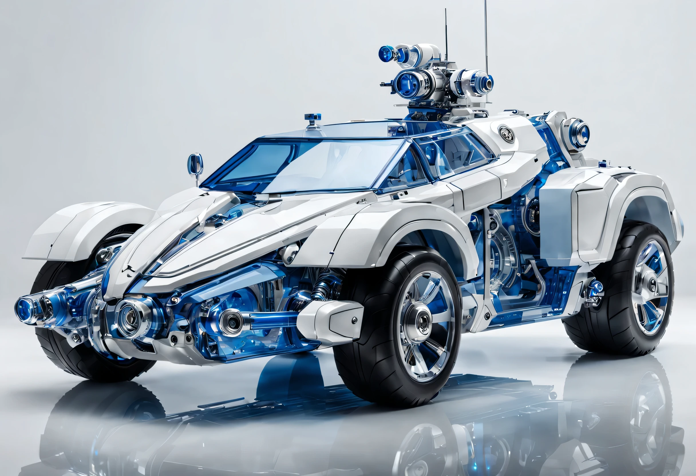 (full-body shot:1.5), (full view:1.5),Pure light gray background, A white and blue transparent mechanical armored vehicle , Exquisite blue transparent glass mechanical armor, Precision luminous electronic eye,(The internal structure is complex and precise:1.2), (white mechanical wire:1.2), (Well-designed, high detail, masterpiece, best quality, ultra high definition, Sharpen details,,metallic feel)