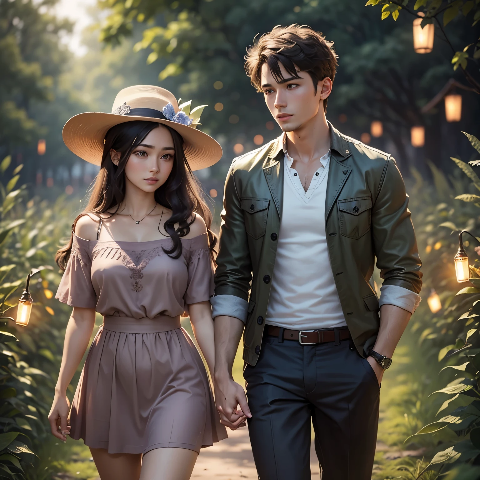 25-year-old boy and girl holding hands,standing in the short grass, perfect body, beautiful face, night, ultra high quality, fireflies, magical, mysterious, love, romantic, photorealistic, silhouette, ultra HD, fireflies in the background,