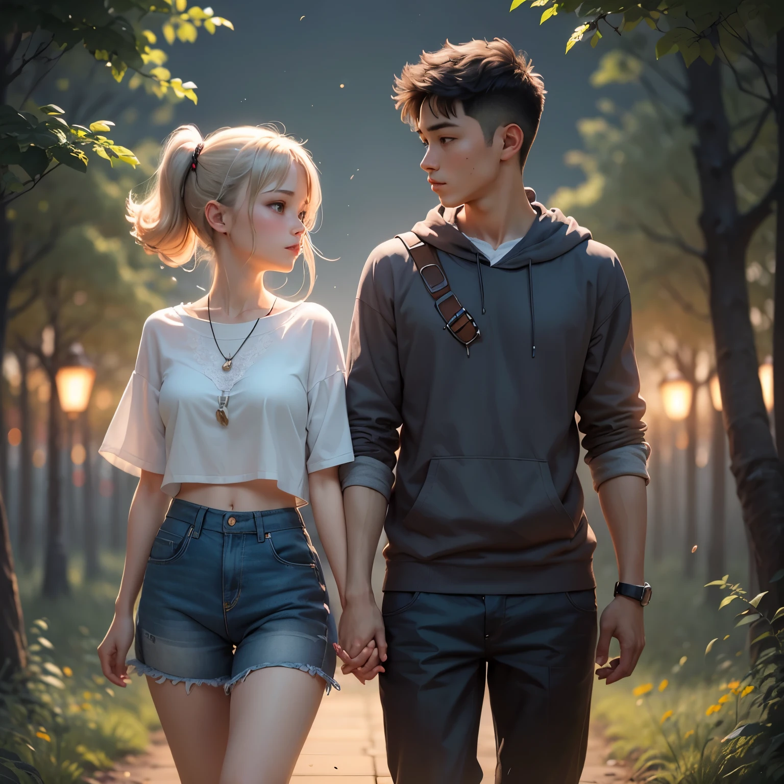 25-year-old boy and girl holding hands,standing in the short grass, perfect body, beautiful face, night, ultra high quality, fireflies, magical, mysterious, love, romantic, photorealistic, silhouette, ultra HD, fireflies in the background,  