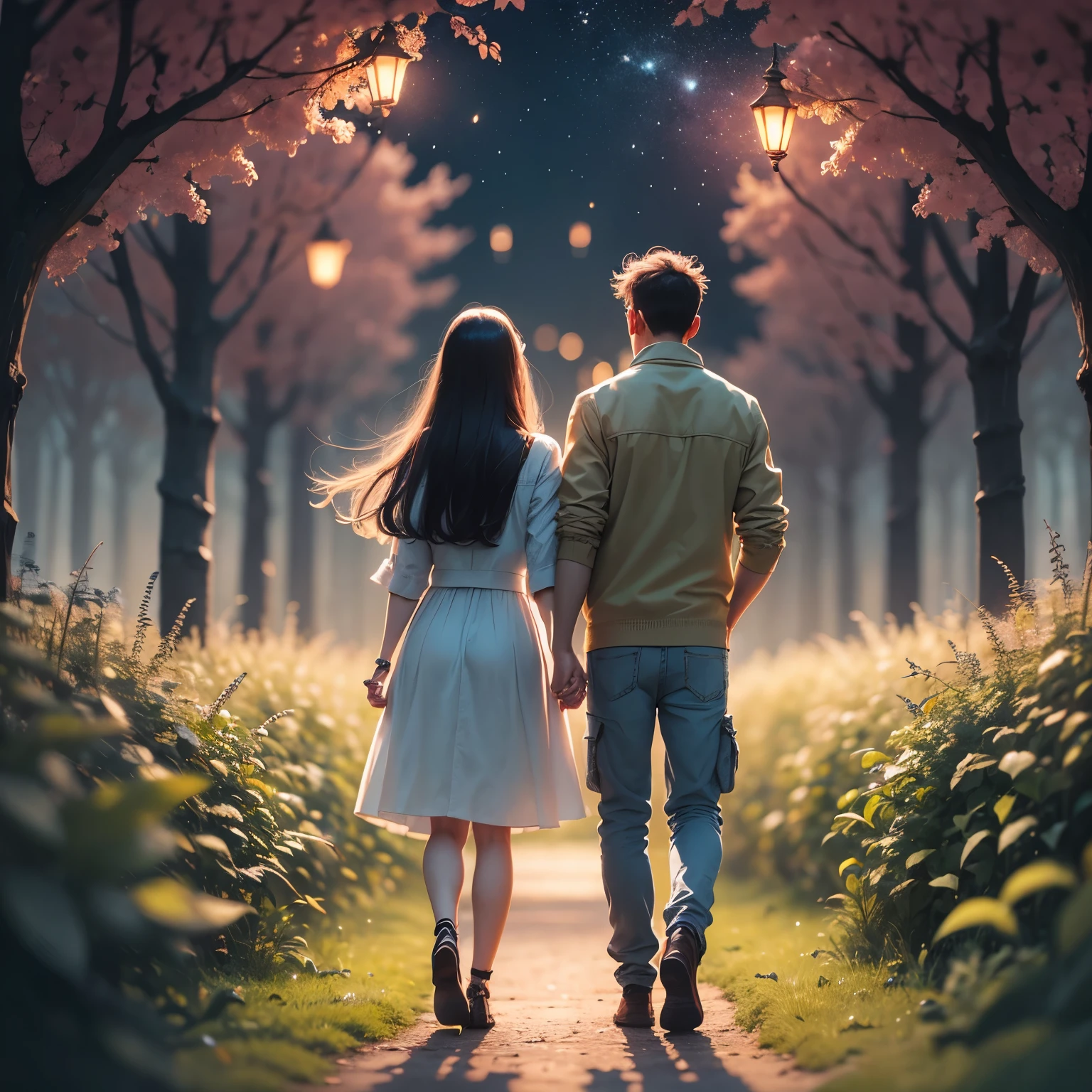 25-year-old boy and girl holding hands,standing in the short grass, perfect body, beautiful face, night, ultra high quality, fireflies, magical, mysterious, love, romantic, photorealistic, silhouette, ultra HD, fireflies in the background,