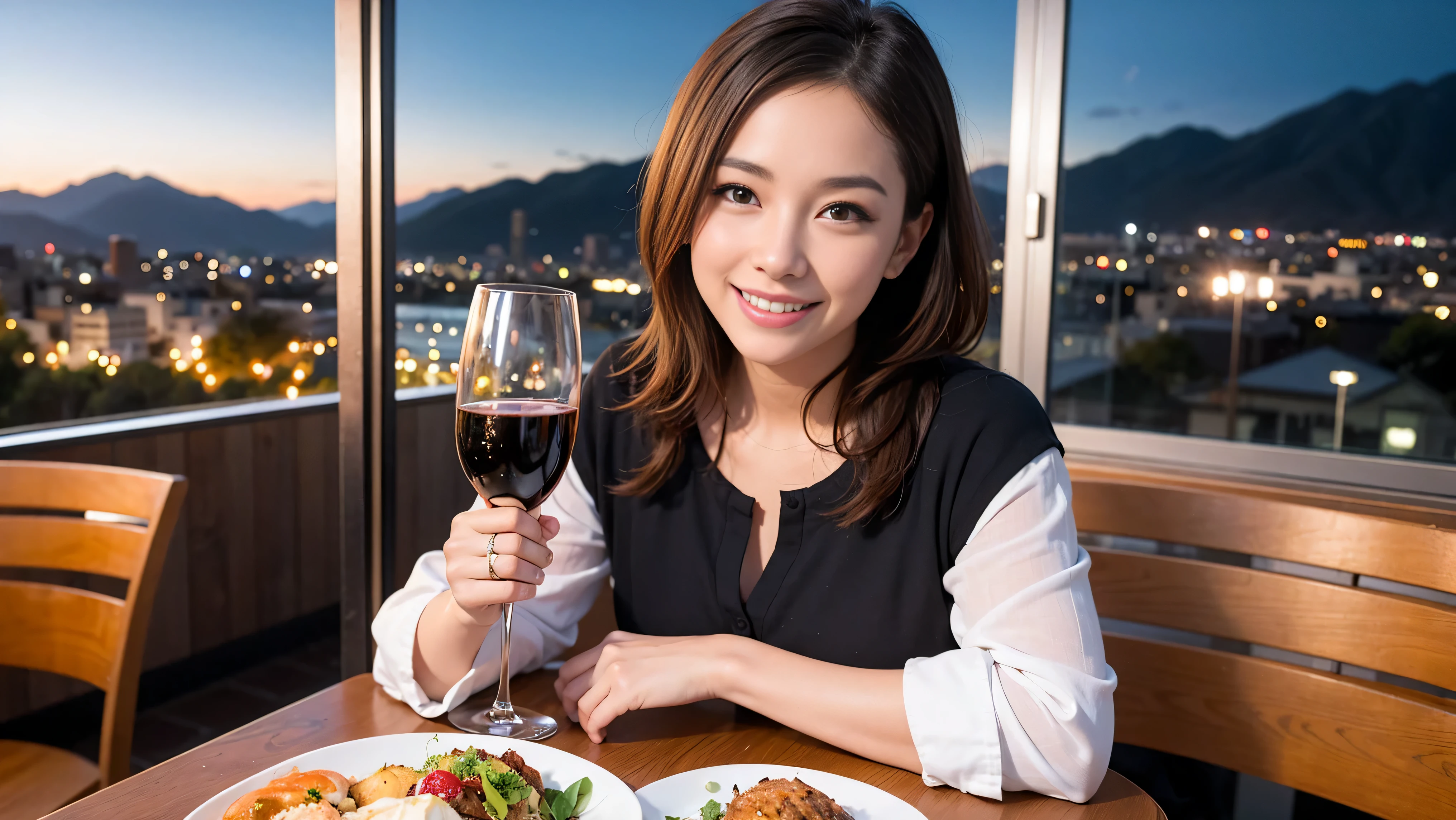 (including 64k, nffsw, highest quality, table top: 1.2), (realistic, photorealistic: 1.37), Spectacular view of the sunset sky and clouds、Amazing mountain views、long sleeve shirt、winter fashion、Columbia、Brazilian、Japanese、Dutch、German、Portuguese、Belgian、Italian、French,Champagne、sparkling wine、 (slimフェイス), (slimボティ), (brown hair), (shortcut), neat beauty、cheeks turn a little red, (35 years old), 38 years old, alone, 窓の外には美しく緻密なnight景が広がります., restaurant, wine glassが座っている, nightに, in a prominent place (from the Upper body) nova frog style, actress, model, Upper body, White wine, slim, wine glass, Super Clean night View, wine glass Put in the Middle, Happy smile, (smile: 1.15), beautiful and detailed eyes, Upper body, bust japan up, night, short, short, actress, model, Upper body, White wine, slim, wine glass, Super Clean night View, wine glass Put in the Middle, Happy smile,