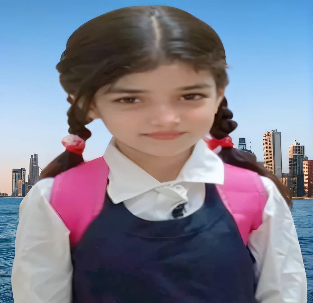 There is a girl standing in front of the water, A very clear picture, Complete Protrite, , arab ameera al taweel, kyza saleem, girl wearing uniform, An amazingly composed image, ameera al taweel, innocent look, Personal photo Personal photo, ameera al-taweel, Frontal photo of a girl