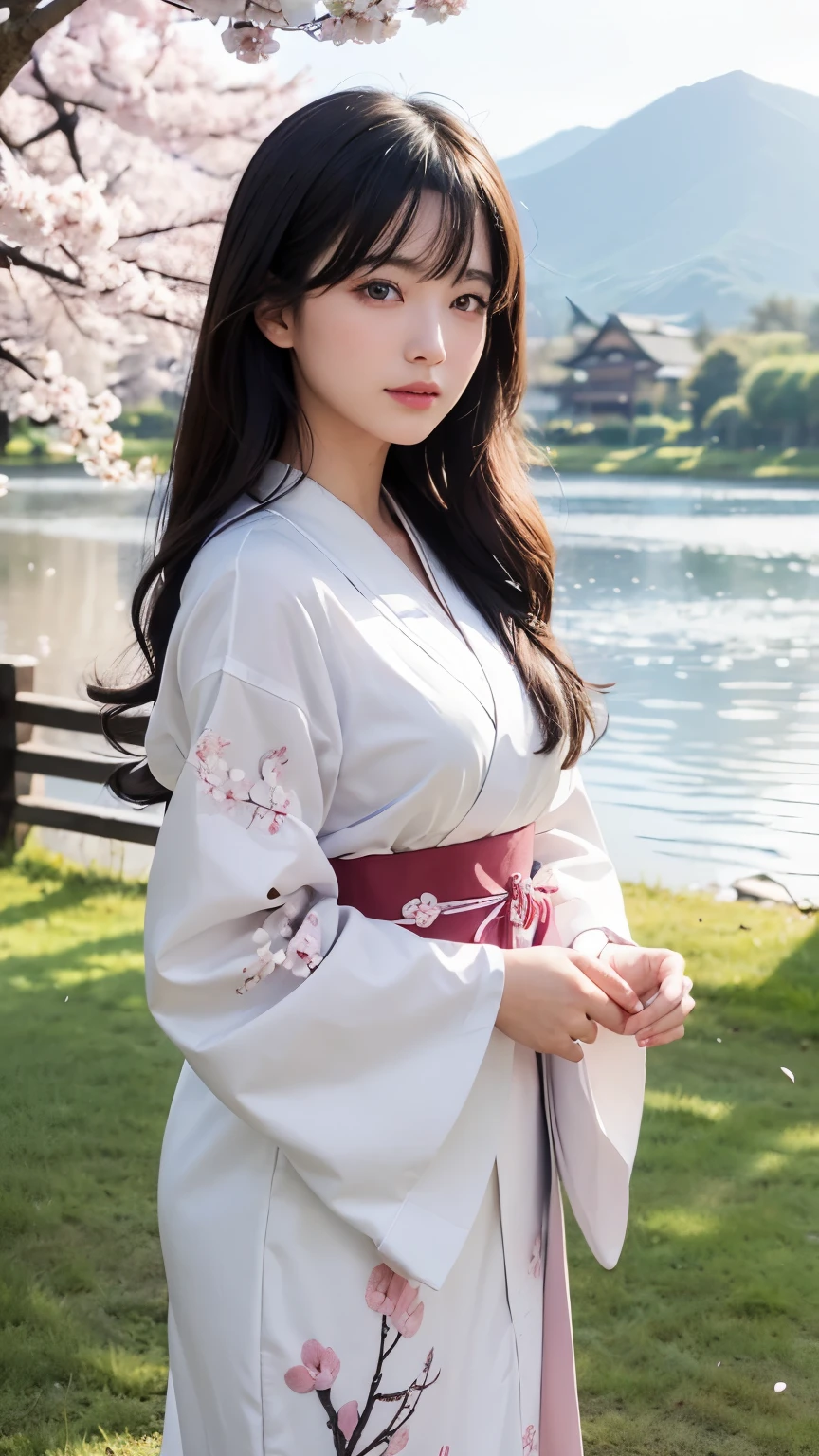 (logo、masterpiece、8k、table top、RAW photo、wonderful、最high quality、Photorealistic and hvery detailed CG integrated 8k wallpaper、high quality、very detailed、Narrative poem、particle effects、dynamic effects、written boundary depth、cinematic light、Lens flare、ray tracing)、fantasy、 (1 beautiful woman、white kimono、Japan Dress、white cherry blossom pattern、White cherry blossom embroidery pattern、black haired、beautiful face、real face、beautiful details eyes beautiful skin)、Hair flutters in Wind、hair bounces、pink cherry tree、petals dance、SakuraFubuki、wonderful景色、sunrise、sun on background、Wind、god々、teeth、god話、vast land