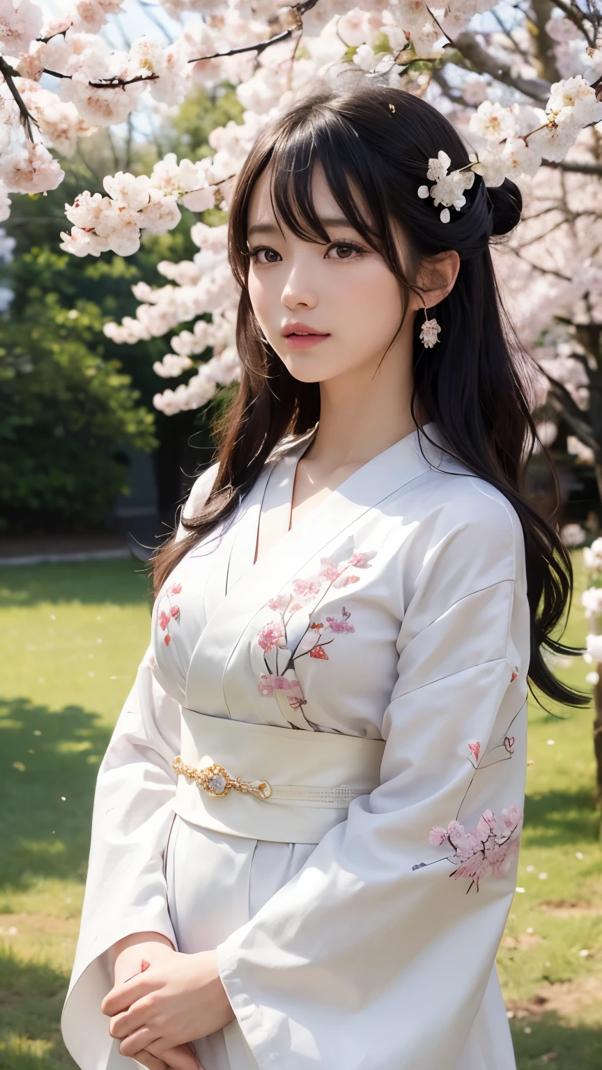 (logo、masterpiece、8k、table top、RAW photo、wonderful、最high quality、Photorealistic and hvery detailed CG integrated 8k wallpaper、high quality、very detailed、Narrative poem、particle effects、dynamic effects、written boundary depth、cinematic light、Lens flare、ray tracing)、fantasy、 (1 beautiful woman、white kimono、Japan Dress、white cherry blossom pattern、White cherry blossom embroidery pattern、black haired、beautiful face、real face、beautiful details eyes beautiful skin)、Hair flutters in Wind、hair bounces、pink cherry tree、petals dance、SakuraFubuki、wonderful景色、sunrise、sun on background、Wind、god々、teeth、god話、vast land