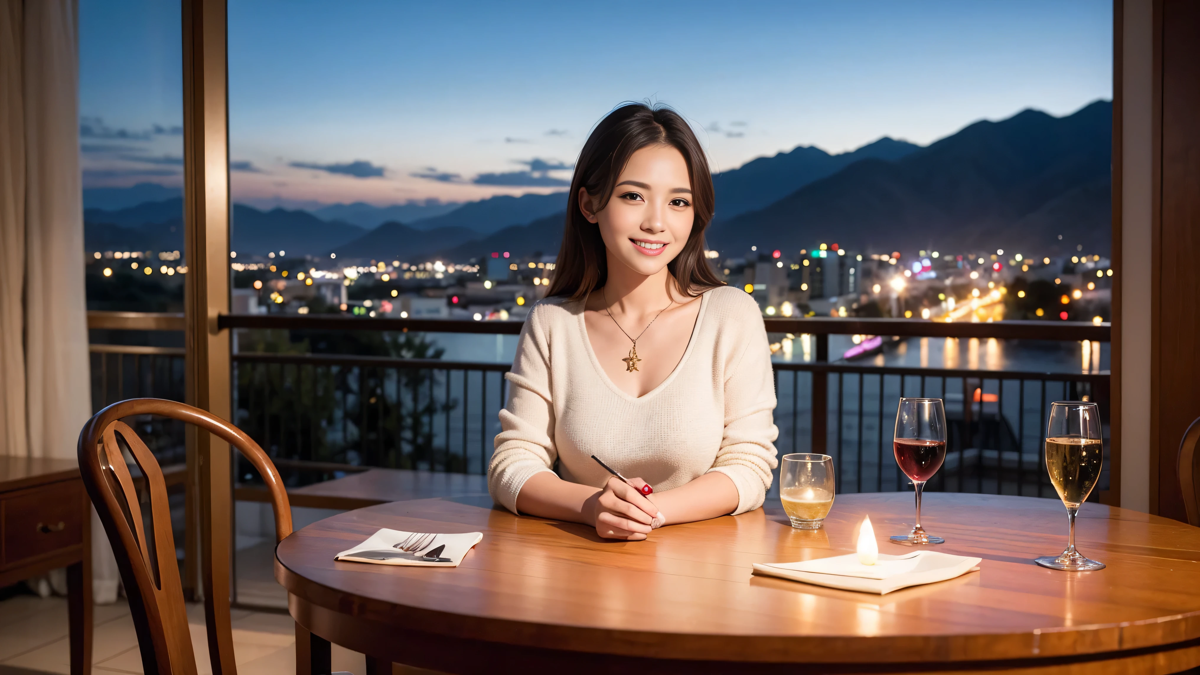 (including 64k, nffsw, highest quality, table top: 1.2), (realistic, photorealistic: 1.37), Spectacular view of the sunset sky and clouds、Amazing mountain views、long sleeve shirt、winter fashion、Columbia、Brazilian、Japanese、Dutch、German、Portuguese、Belgian、Italian、French,Champagne、sparkling wine、 (slimフェイス), (slimボティ), (brown hair), (shortcut), neat beauty、cheeks turn a little red, (35 years old), 38 years old, alone, 窓の外には美しく緻密なnight景が広がります., restaurant, wine glassが座っている, nightに, in a prominent place (from the Upper body) nova frog style, actress, model, Upper body, White wine, slim, wine glass, Super Clean night View, wine glass Put in the Middle, Happy smile, (smile: 1.15), beautiful and detailed eyes, Upper body, bust japan up, night, short, short, actress, model, Upper body, White wine, slim, wine glass, Super Clean night View, wine glass Put in the Middle, Happy smile,