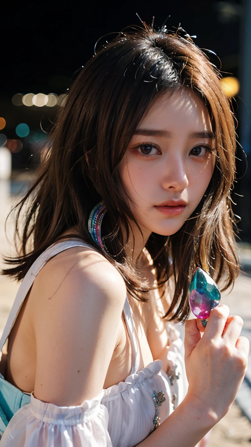 Masterpiece, 4K, bokeh, Photorealistic, high school girl sitting on the beach, (Japanese idle:1.6), Lightbrown long hair, Light brown eyes, Plump breast, Looking at the viewer, Blushed face, Close up, (Silver metallic dress), (Gemstones decoration:1.6, Colorful Gemstones:1.6), (Dress embellished, Sequinoon night seashore, Beautiful full moon and shining stars,