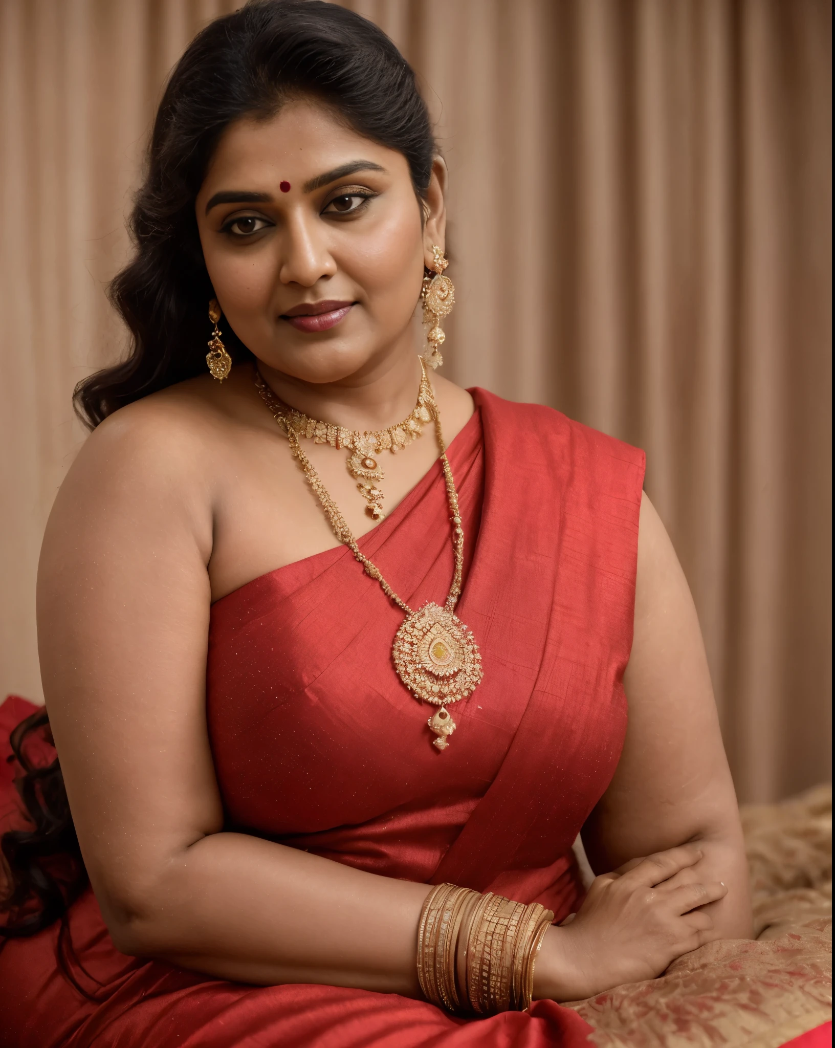 Looks like Indian Actress khushboo Sundar, actress khusbu Sundar, mallu, mallu aunty, desi aunty, full figured mature beauty, attractive figure, 48 years old, desi milf, desi aunty, a close up of a woman in a red dress in a bedroom, inspired by Avigdor Arikha, sleek!!!, indian super model, wavy hair combed to one side, actress, by Jitish Kallat, smoldering, intense smoldering, fashion, an angel, print ready, with a dramatic looking, inspired by Sudip Roy, seductive look