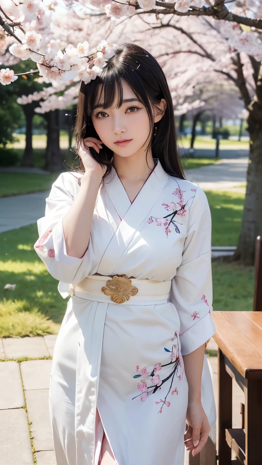 (logo、masterpiece、8k、table top、RAW photo、wonderful、最high quality、Photorealistic and hvery detailed CG integrated 8k wallpaper、high quality、very detailed、Narrative poem、particle effects、dynamic effects、written boundary depth、cinematic light、Lens flare、ray tracing)、fantasy、 (1 beautiful woman、white kimono、Japan Dress、white cherry blossom pattern、White cherry blossom embroidery pattern、black haired、beautiful face、real face、beautiful details eyes beautiful skin)、Hair flutters in Wind、hair bounces、pink cherry tree、petals dance、SakuraFubuki、wonderful景色、sunrise、sun on background、Wind、god々、teeth、god話、vast land