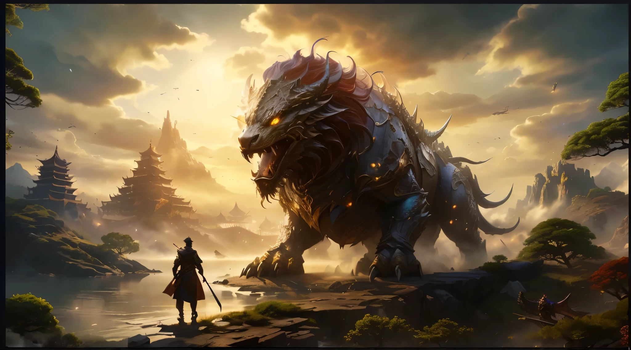 Anime scene of a giant monster and a man standing in front of it, Epic Fantasy Digital Art style, epic fantasy art style hd, epic fantasy art style, 4K fantasy art, d&D Trends on ArtStation, Fantasy Epic Digital Art, epic fantasy game art, epic fantasy illustration, Epic fantasy science fiction illustration, Epic Fantasy Digital Art, Epic Fantasy Artwork