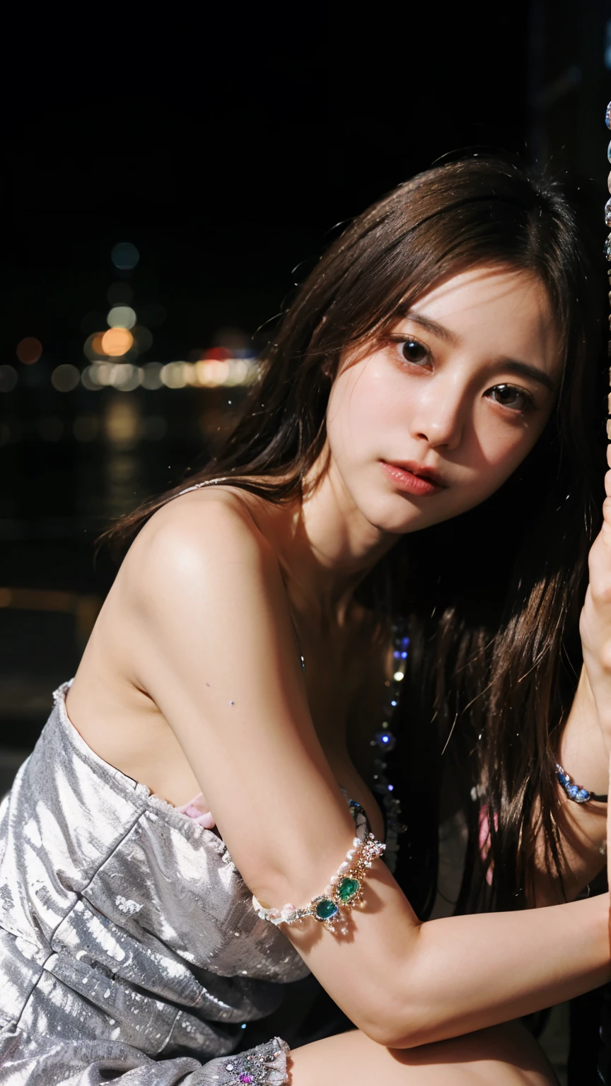 Masterpiece, 4K, bokeh, Photorealistic, high school girl sitting on the beach, (Japanese idle:1.6), Lightbrown long hair, Light brown eyes, Plump breast, Looking at the viewer, Blushed face, Close up, (Silver metallic dress), (Gemstones decoration:1.6, Colorful Gemstones:1.6), (Dress embellished, Sequinoon night seashore, Beautiful full moon and shining stars,