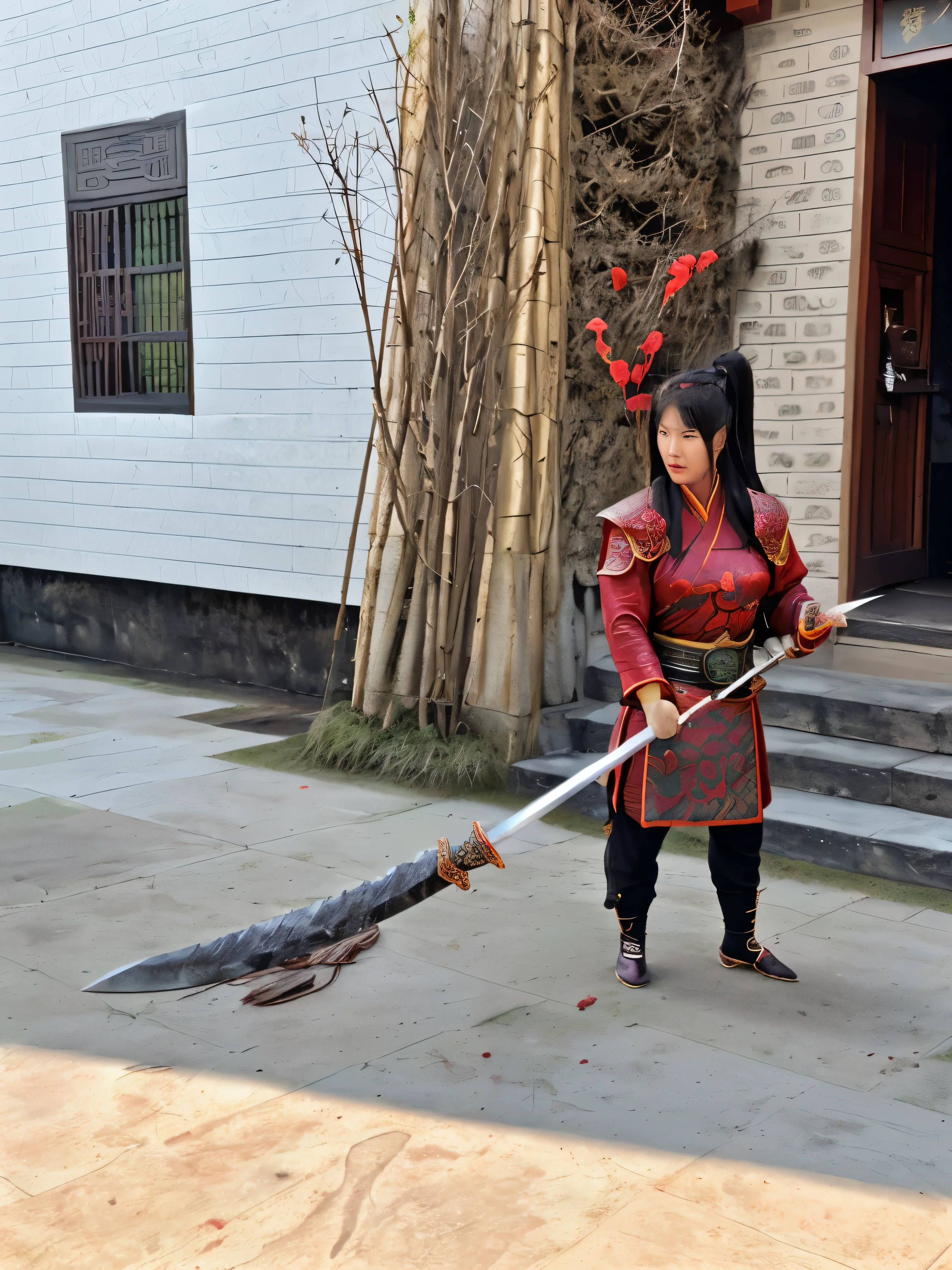 Guan yu, Holding a large knife in his hand, FemaleGuan yu, Chinese traditional culture, ancient China, face close-up, ultra high definition, Super details, elegant standing posture, Ultra-thin translucent wet yarn,Guan yu'sword,Handshake Guan yu'sword,sharp blade