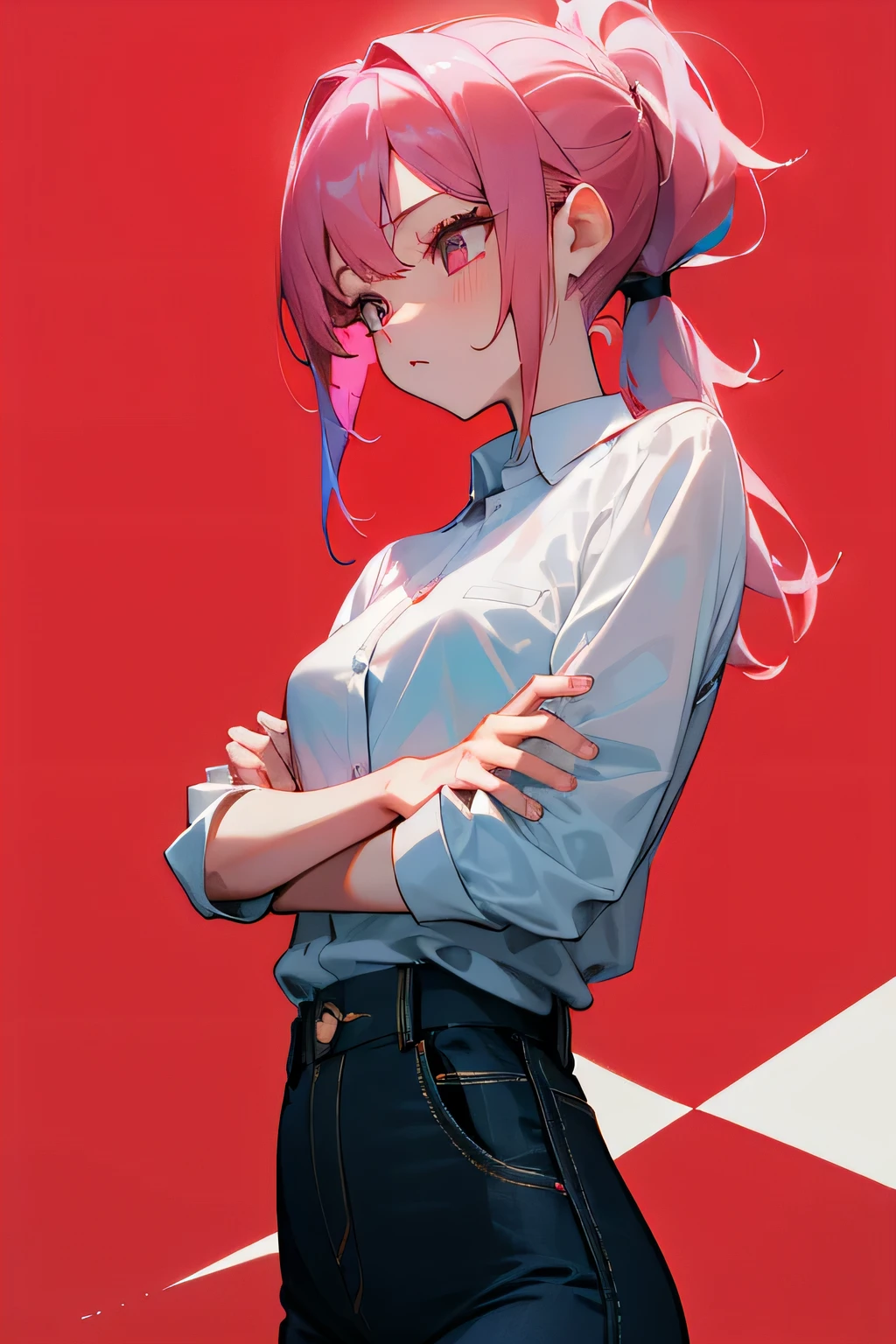 one girl、ponytail、red mesh on pink hair、golden eyes、white dress shirt、black jeans、Standing picture