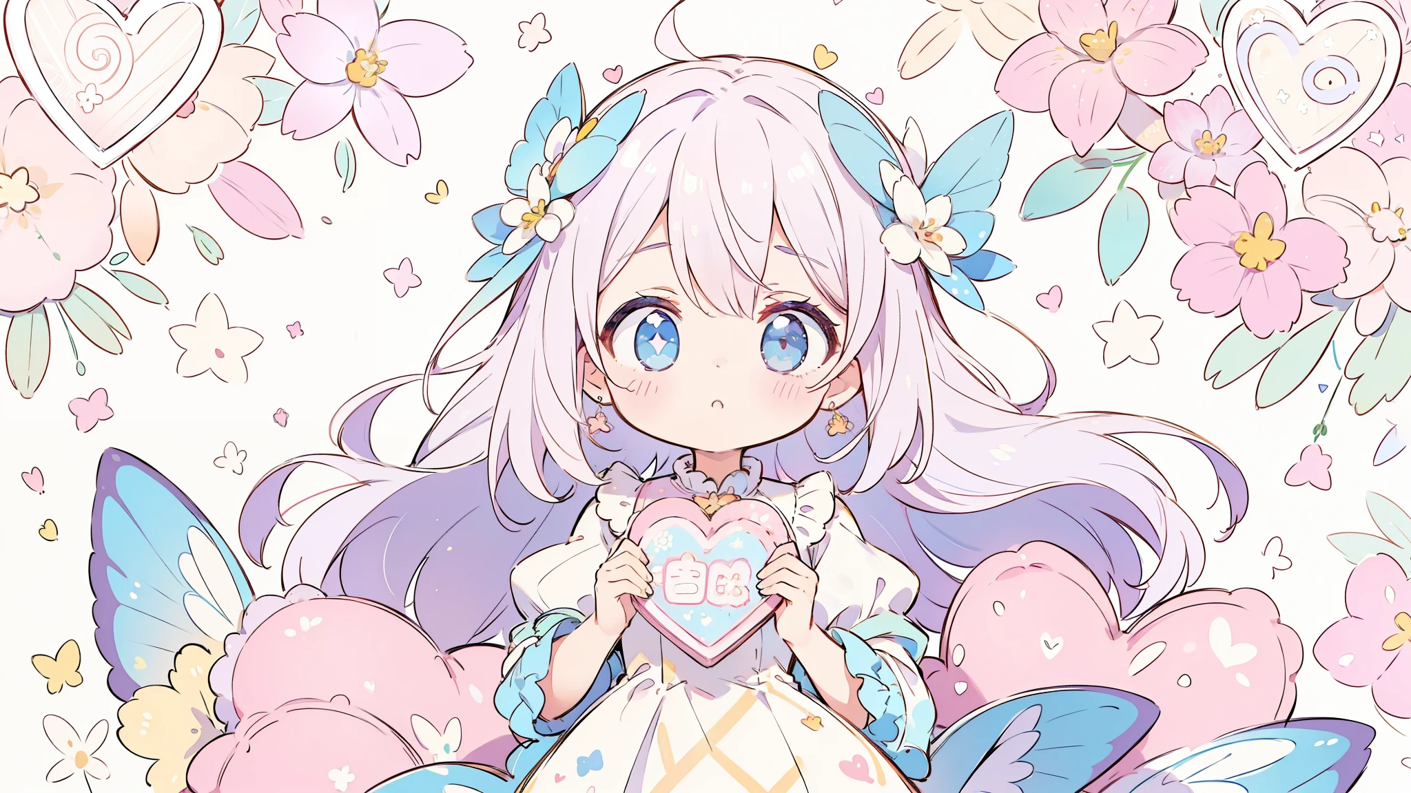 (pastel background:1.2), patterned background, (small doodles everywhere), an entire backgound filled with a repeating pattern of cute hearts, stars and butterlfies and flowers and other cute stuff, (light background:1.2)
