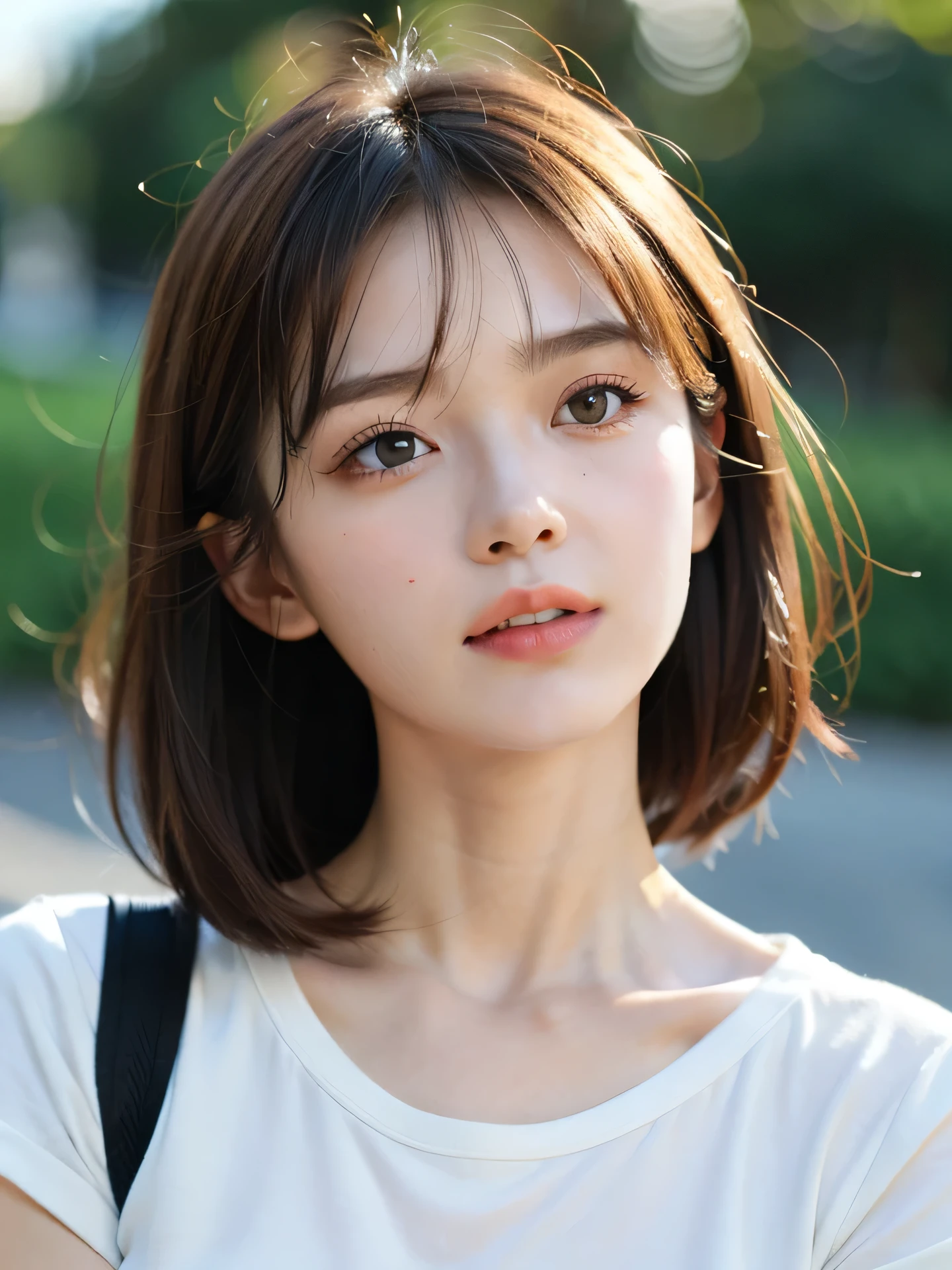 masterpiece, highest quality, RAW photo, 8k, 1 girl, close, focus on the face, (the face is in focus:1.2) Fine and beautiful skin, Backlight, soft light, shy, embarrassing, luminescent, look away, anatomically correct, medium hair, bangs, Eye and face details, rough skin, professional photography, Bokeh, portrait, professional lighting, alone, cute, Girly, film grain, short sleeve shirt,