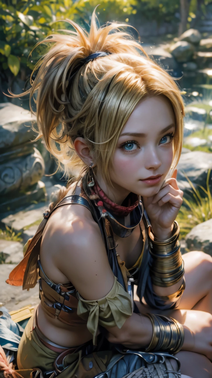 Rikku, the vibrant and lively Vygasian heroine from Final Fantasy X-2, is depicted in this stunning image. She sits confidently on an old stone wall, with legs spread open, exuding an aura of strength and determination. A gentle breeze playfully ruffles her short bobbed hair, adding an element of dynamism to the scene. Rikku's trademark blue and white mini-dress adorned with loops and pockets is visible, as well as her signature bandana around her neck. With a smirk on her lips and her piercing blue eyes focused intently on the viewer, Rikku strikes an utterly captivating pose.