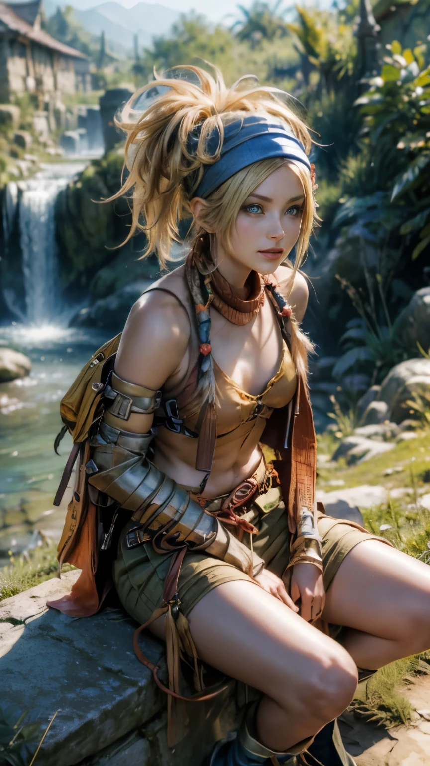 Rikku, the vibrant and lively Vygasian heroine from Final Fantasy X-2, is depicted in this stunning image. She sits confidently on an old stone wall, with legs spread open, exuding an aura of strength and determination. A gentle breeze playfully ruffles her short bobbed hair, adding an element of dynamism to the scene. Rikku's trademark blue and white mini-dress adorned with loops and pockets is visible, as well as her signature bandana around her neck. With a smirk on her lips and her piercing blue eyes focused intently on the viewer, Rikku strikes an utterly captivating pose.