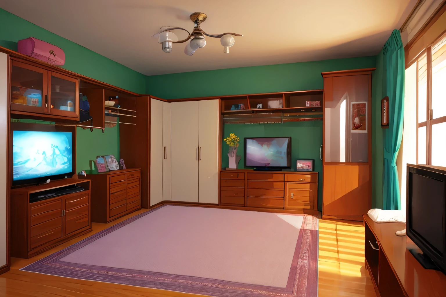 grandma's room, carpet on the wall, an old small TV, a lot of closet stuff, manhwa style