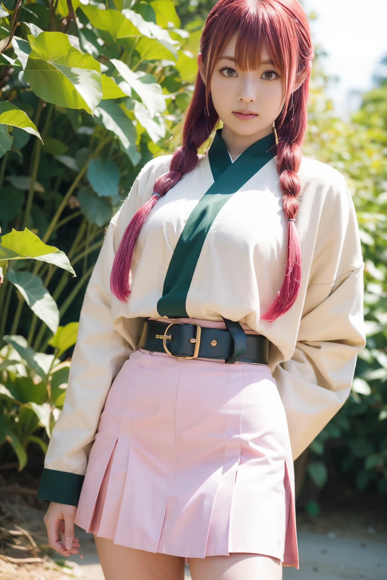 (Demon Slayer Worldview),(Beautiful cosplay of Mitsuri Kanroji),Full body shot from the front,In the forest at dusk,Standing on his knees and keeping an eye on his surroundings,mole under eye,pink hair,mole,long hair,colorful hair,Braid,gradient hair,demon slayer uniform,green hair,green eyes,bangs,long sleeve,shirt,twin Braids,two tone hair,kimono,white shirt,Haori,Jacket,black Jacket,belt,collared shirt,white belt,skirt,unbuttoned shirt,black skirt,open shirt,(A sword in a scabbard),green knee socks,pleated skirt,miniskirt,1 girl,sexy pose,highest quality,masterpiece,figure,very delicate and beautiful,CG,unity,8k wallpaper,wonderful,finely,masterpiece,official art,very detailed CG unity 8k wallpaper,incredibly absurd,huge file size,super detailed,High resolution,very detailed,beautiful detailed girl,realistic,full frontal,dirt road in deep forest,contrast of light,