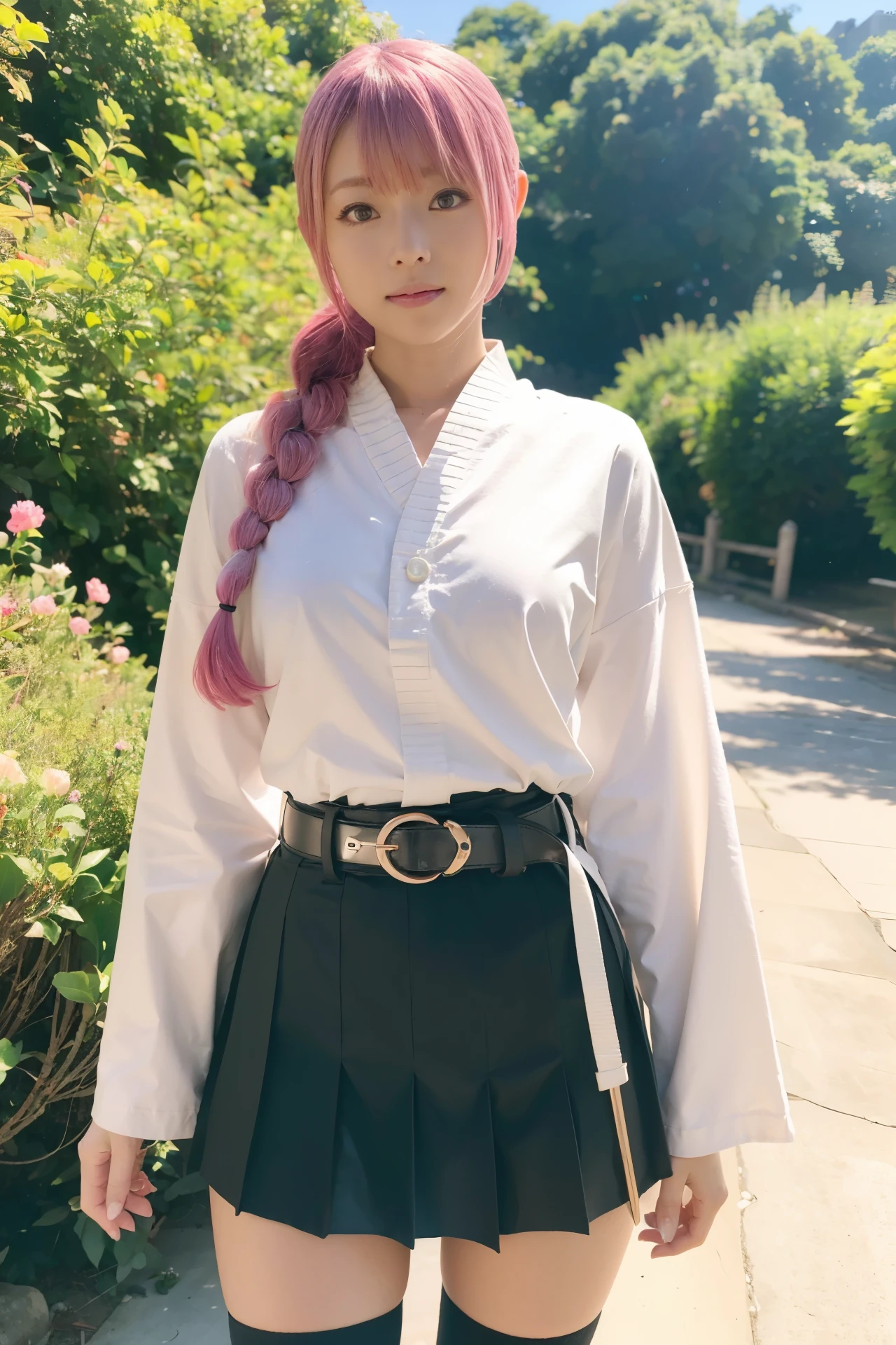 (Demon Slayer Worldview),(Beautiful cosplay of Mitsuri Kanroji),Full body shooting from behind,In the forest at dusk,Crouching down and keeping an eye on the surroundings,mole under eye,pink hair,mole,long hair,colorful hair,Braid,gradient hair,demon slayer uniform,green hair,green eyes,bangs,long sleeve,shirt,twin Braids,two tone hair,kimono,white shirt,Haori,Jacket,black Jacket,belt,collared shirt,white belt,skirt,unbuttoned shirt,black skirt,open shirt,(A sword in a scabbard),green knee socks,pleated skirt,miniskirt,1 girl,sexy pose,highest quality,masterpiece,figure,very delicate and beautiful,CG,unity,8k wallpaper,wonderful,finely,masterpiece,official art,very detailed CG unity 8k wallpaper,incredibly absurd,huge file size,super detailed,High resolution,very detailed,beautiful detailed girl,realistic,full frontal,dirt road in deep forest,contrast of light,