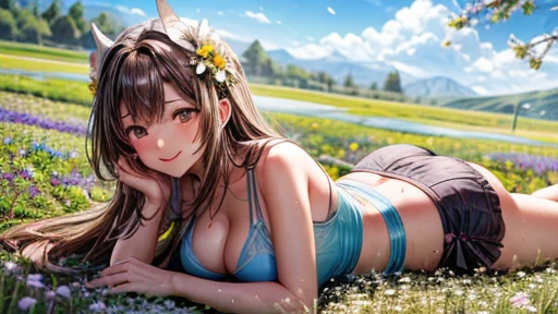 Lying on my stomach on (the Flower field of astragalus in full bloom:1.2), Smiling milf
