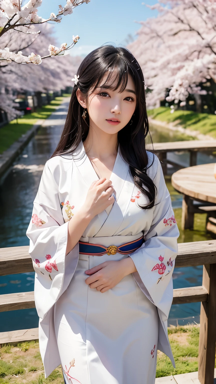 (logo、masterpiece、8k、table top、RAW photo、wonderful、最high quality、Photorealistic and hvery detailed CG integrated 8k wallpaper、high quality、very detailed、Narrative poem、particle effects、dynamic effects、written boundary depth、cinematic light、Lens flare、ray tracing)、fantasy、 (1 beautiful woman、white kimono、Japan Dress、white cherry blossom pattern、White cherry blossom embroidery pattern、black haired、beautiful face、real face、beautiful details eyes beautiful skin)、Hair flutters in Wind、hair bounces、pink cherry tree、petals dance、SakuraFubuki、wonderful景色、sunrise、sun on background、Wind、god々、teeth、god話、vast land