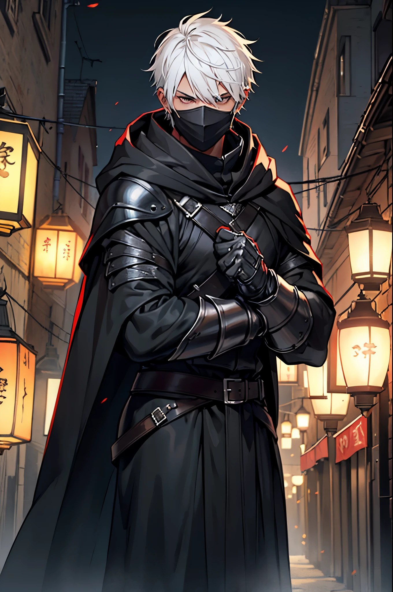 good quality, boy, One, White hair, Leather black armor, Black cloak, hood, black mask mask covering the mouth, dark medieval city, lighting from lanterns, A dagger in his hands
