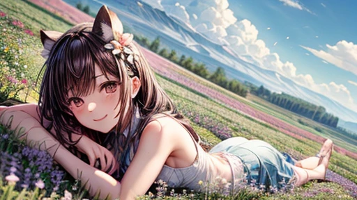 Lying on my stomach on (the Flower field of astragalus in full bloom:1.2), Smiling milf
