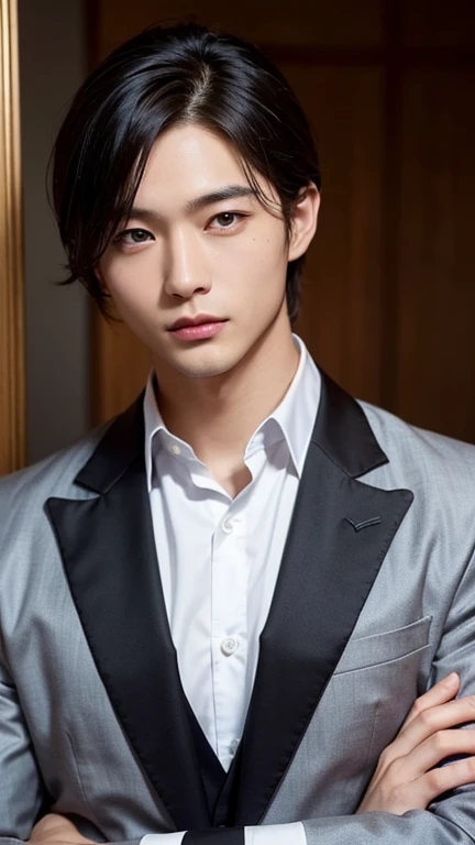 highest quality, face focus, (Depth of the bounds written) ,ultra high resolution, (realistic:1.4), RAW photo, Japanese style room, alcove,japanese man, alone, cool, smile, (brown eyes), natural face,suit figure,Double suit,muscular,Handsome guy,precise depiction,accurate color,whole body photo,castle background,photograph,屋内photograph,smooth hair、black hair、Big eyes,beautiful skin,Suits look good,Thin macho,Meguro Ren,like a lawyer,thin chin,intellectualな顔,luxury suit,black suit,intellectual,narrow eyes,short hair,sweet expression,sexy,suit men,shortcut,surreal,realistic texture,white skin,black hair,thin eyelashes、long eyelashes、thin eyebrows、intellectualな表情、red lips,(( half open mouth)),( half-open eyes)),Clear and transparent skin tone,a lot of hair、、thin chin、host,rough skin、two block,wheat-colored skin,,hotel man、