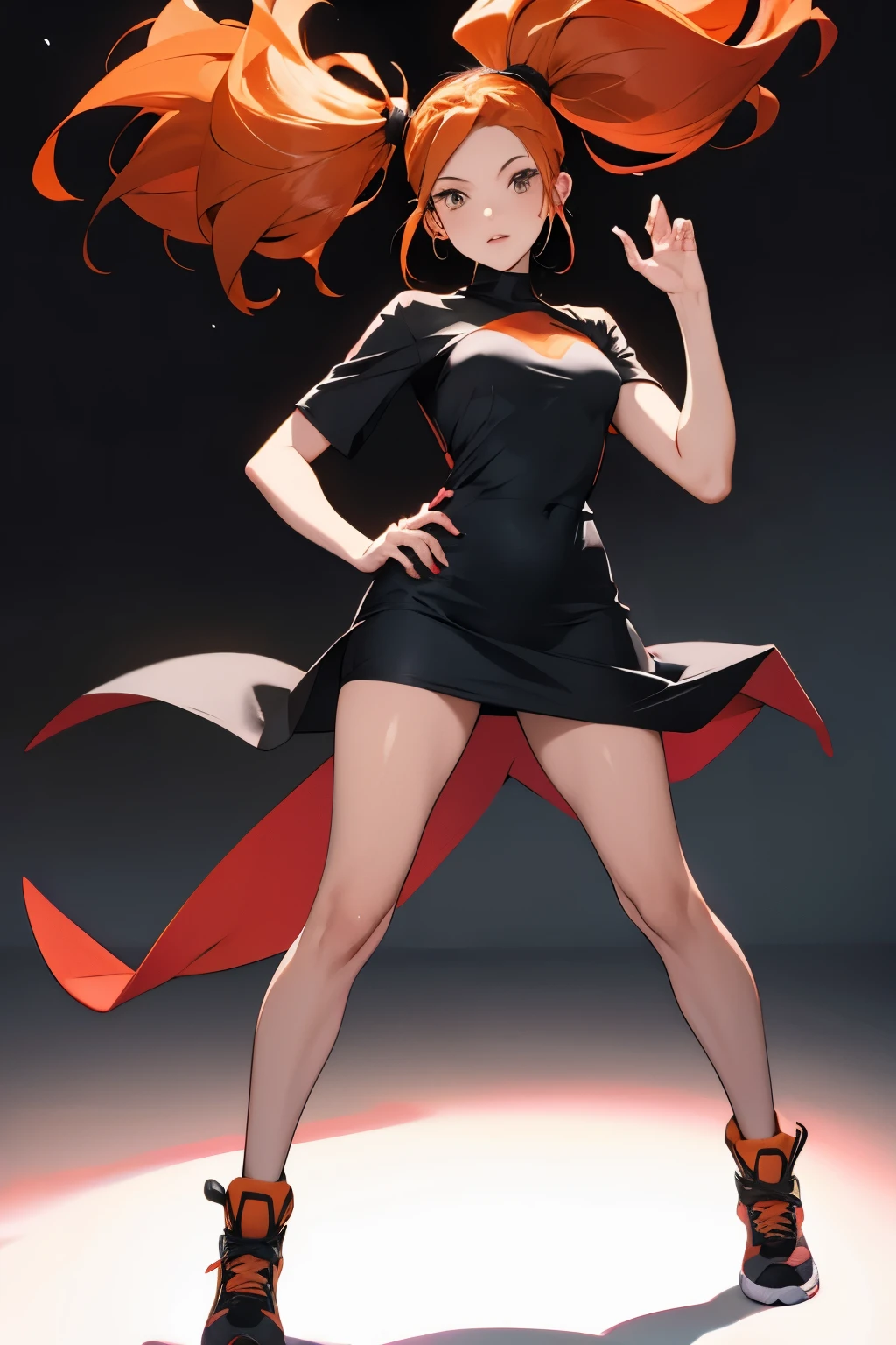 20 year old woman, trainer pokemon DRESS, two ponytails,long hair, hair orange with dye black color,pose batalla, full body