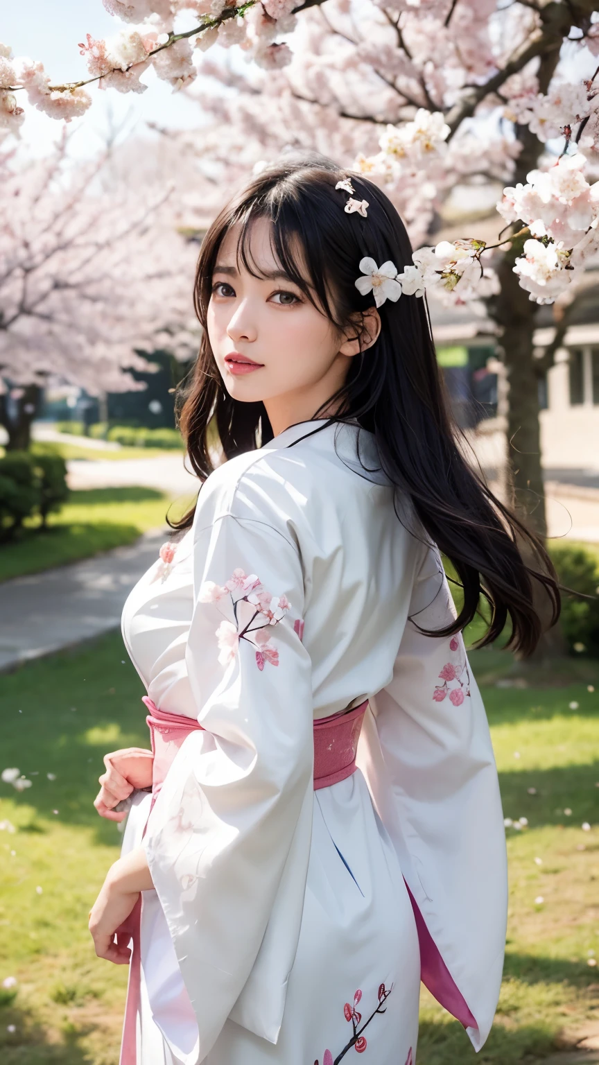 (logo、masterpiece、8k、table top、RAW photo、wonderful、最high quality、Photorealistic and hvery detailed CG integrated 8k wallpaper、high quality、very detailed、Narrative poem、particle effects、dynamic effects、written boundary depth、cinematic light、Lens flare、ray tracing)、fantasy、 (1 beautiful woman、white kimono、Japan Dress、white cherry blossom pattern、White cherry blossom embroidery pattern、black haired、beautiful face、real face、beautiful details eyes beautiful skin)、Hair flutters in Wind、hair bounces、pink cherry tree、petals dance、SakuraFubuki、wonderful景色、sunrise、sun on background、Wind、god々、teeth、god話、vast land