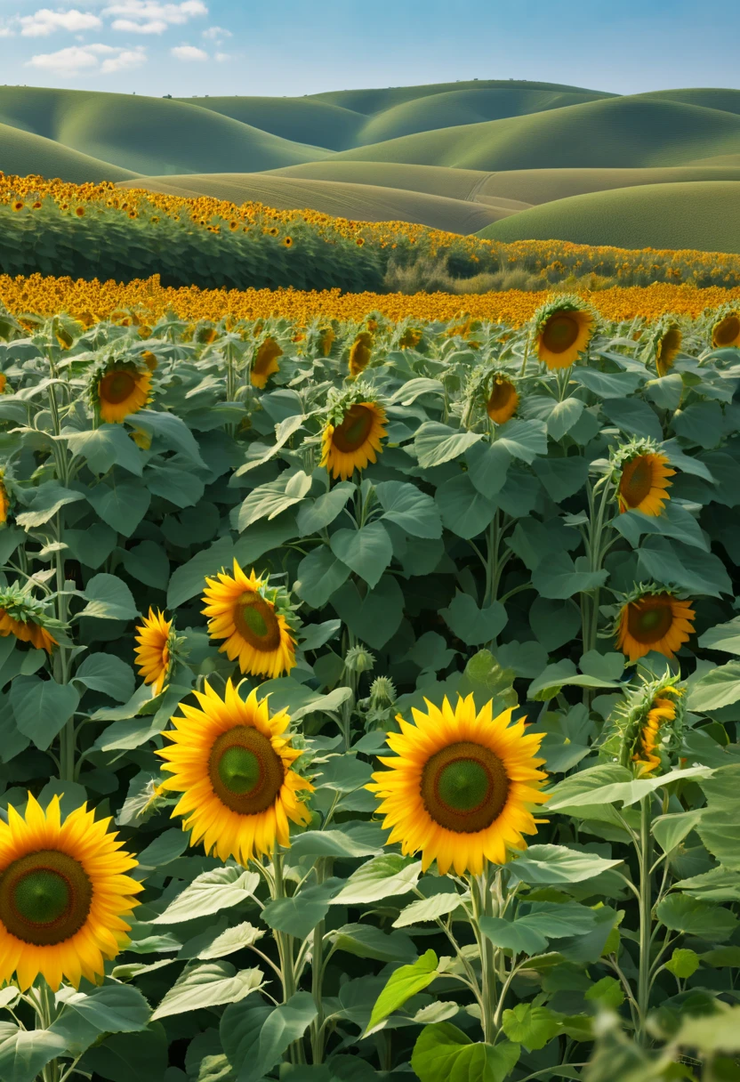Endless sunflower fields(best quality,4k,8k,high resolution,masterpiece:1.2),Super detailed,(actual,photoactual,photo-actual:1.37),Large flower field landscape,spring landscape,beautiful blooming flowers,fresh green grass,clear blue sky,golden sunshine,bright colors,peaceful atmosphere,Peaceful and peaceful,picturesque scenery,the smell of nature,warm breeze,gently rolling hills,nature&#39;s gift,distant birds chirping,The soft sound of the rustling of leaves,symphony of nature,fresh air,happy calm,Immerse yourself in the beauty of nature.There are fresh and obvious sunflowers in the close shot
