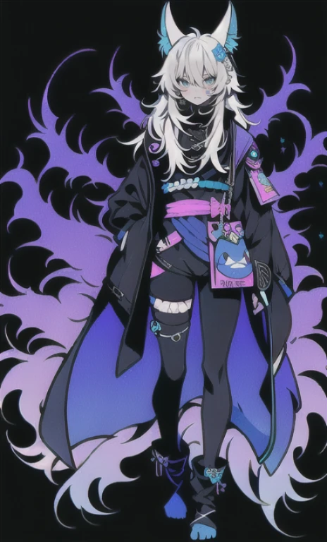 solo, 1boy,「white hair,cerulean blue」long hair, Demon knife, {{nighthawk mask}},  There&#39;s a man wearing a costume, {fox tail,} {one wing} Farson!!!!, furry Farson, furry characters, furry anime, Farson, furry paws furry, Furry shots, there is nothing, very hairy, furry artist, upright, [[[Anthropomorphic Nue]]] virtual youtuber, full body