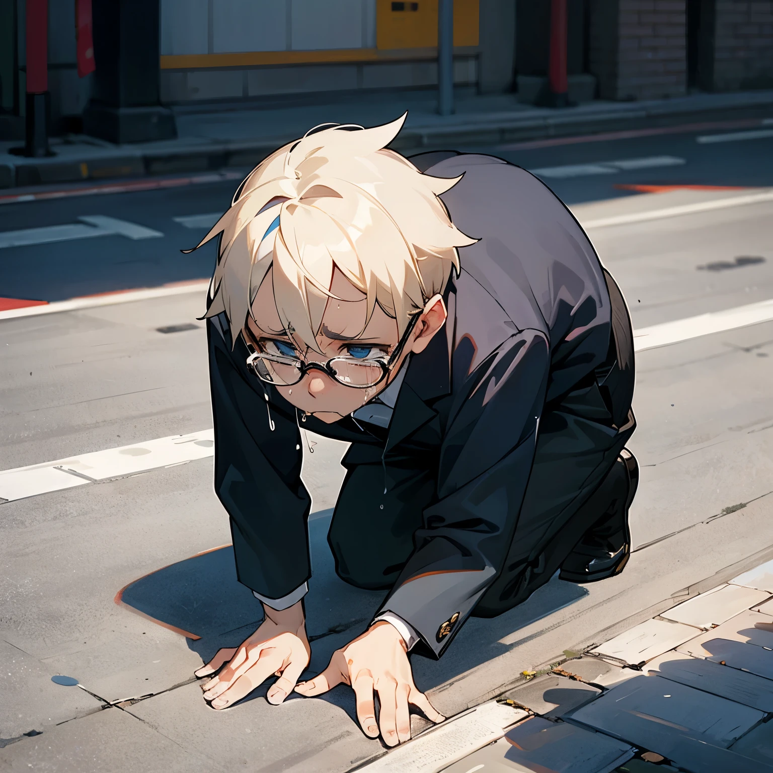 On the street, I felt a sense of frustration and hopelessness in life.、A middle-aged man wearing glasses crying on all fours