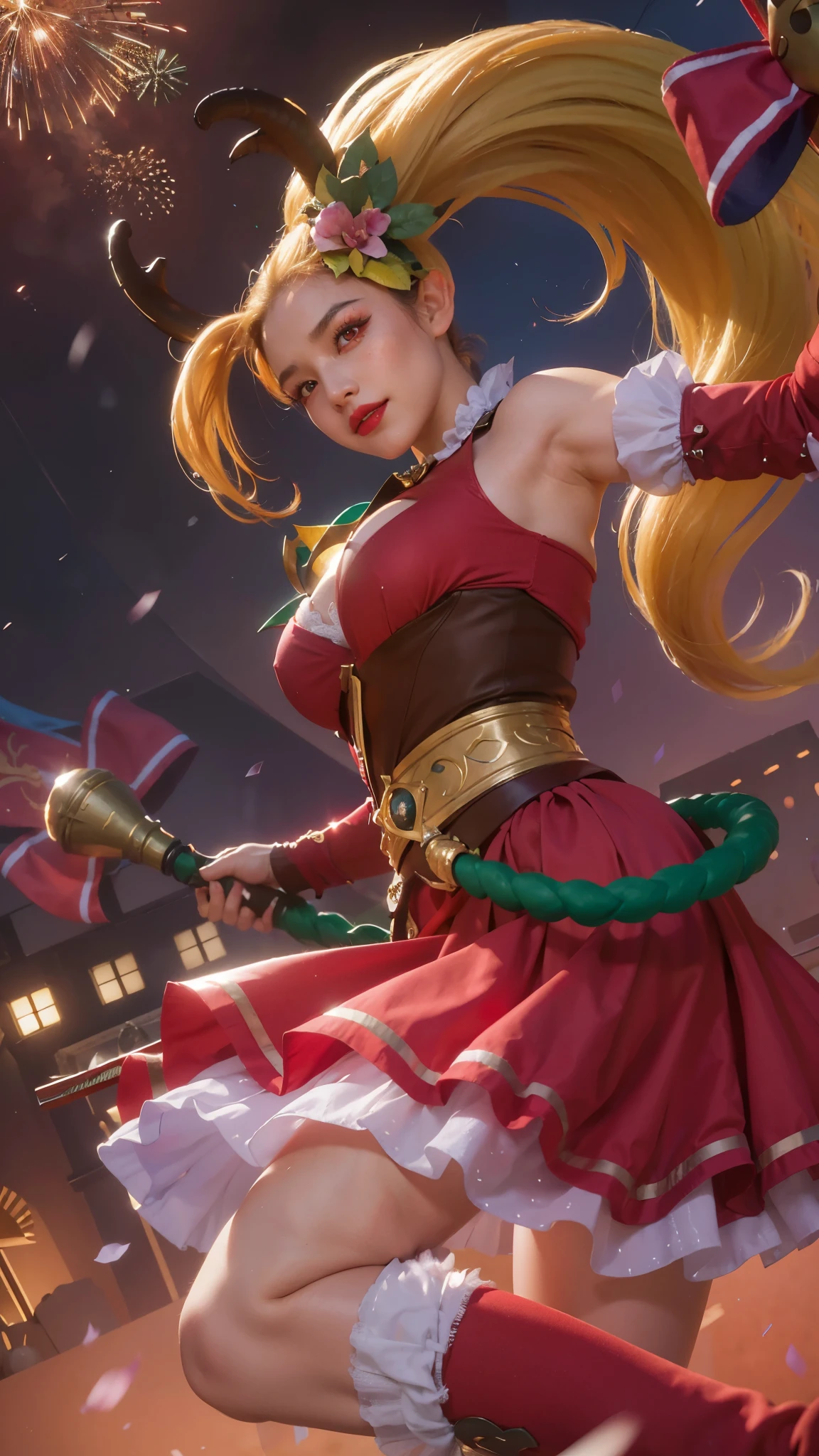 (female:1.2), 8k, ultra hd, ultra detailed texture, hyper realistic, masterpiece, detailed texture, detailed face, detailed skin, detailed lighting, (photorealistic:1.5), best quality, beautiful lighting, cinematic lighting, professional lighting, ultra highres, realistic, detailed hair, real hair, high quality, (realskin:1.5), extremely detailed, finely detail, ultra-detailed, 1girl, solo, elf, pointy ears, standing, demon horns, forehead protector, (red eyes:1.5), v-shapped eyebrow, lips, red lips, evil smile, nose, make up, pretty, beautiful, cute face, long hair, blue hair, high ponytail, large breasts, cleavage, armpit, navel, stomach, black armor, pauldrons, bare shoulders, shoulder armor, thigh high, sleevless, detached sleeves, breastplate, gauntlets, karina \(mobile legends\), depth of field, looking aways, white skin, skin tight, amazing pose, outdoors, glowing, dark view