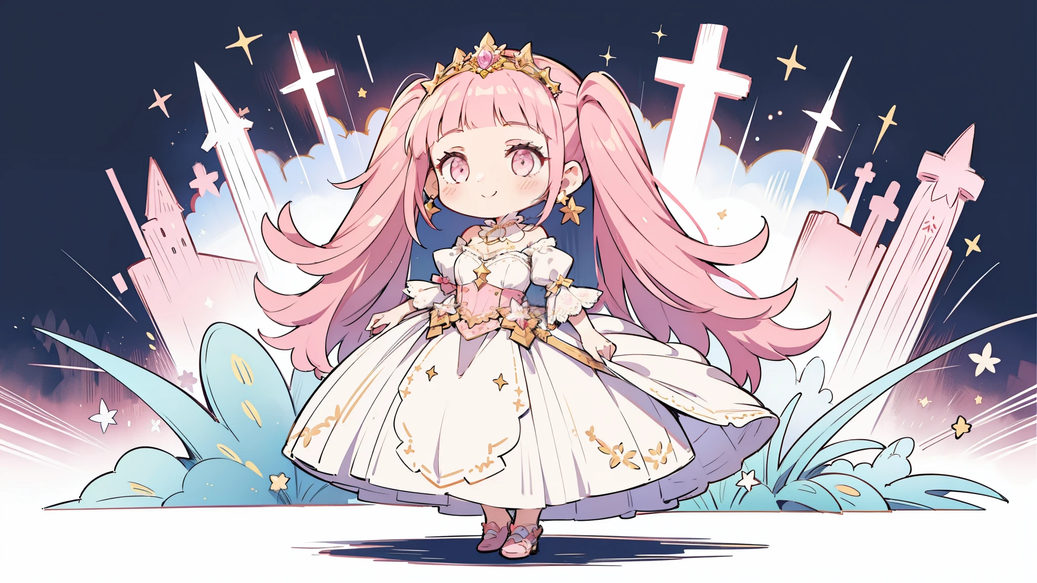 1girl in, fullllbody, Character Design, Pink-haired prince with heart tiara, florals, Star Accessories, High quality, Wide Shot, Detailed background of the Enchanted Forest、A slight smil