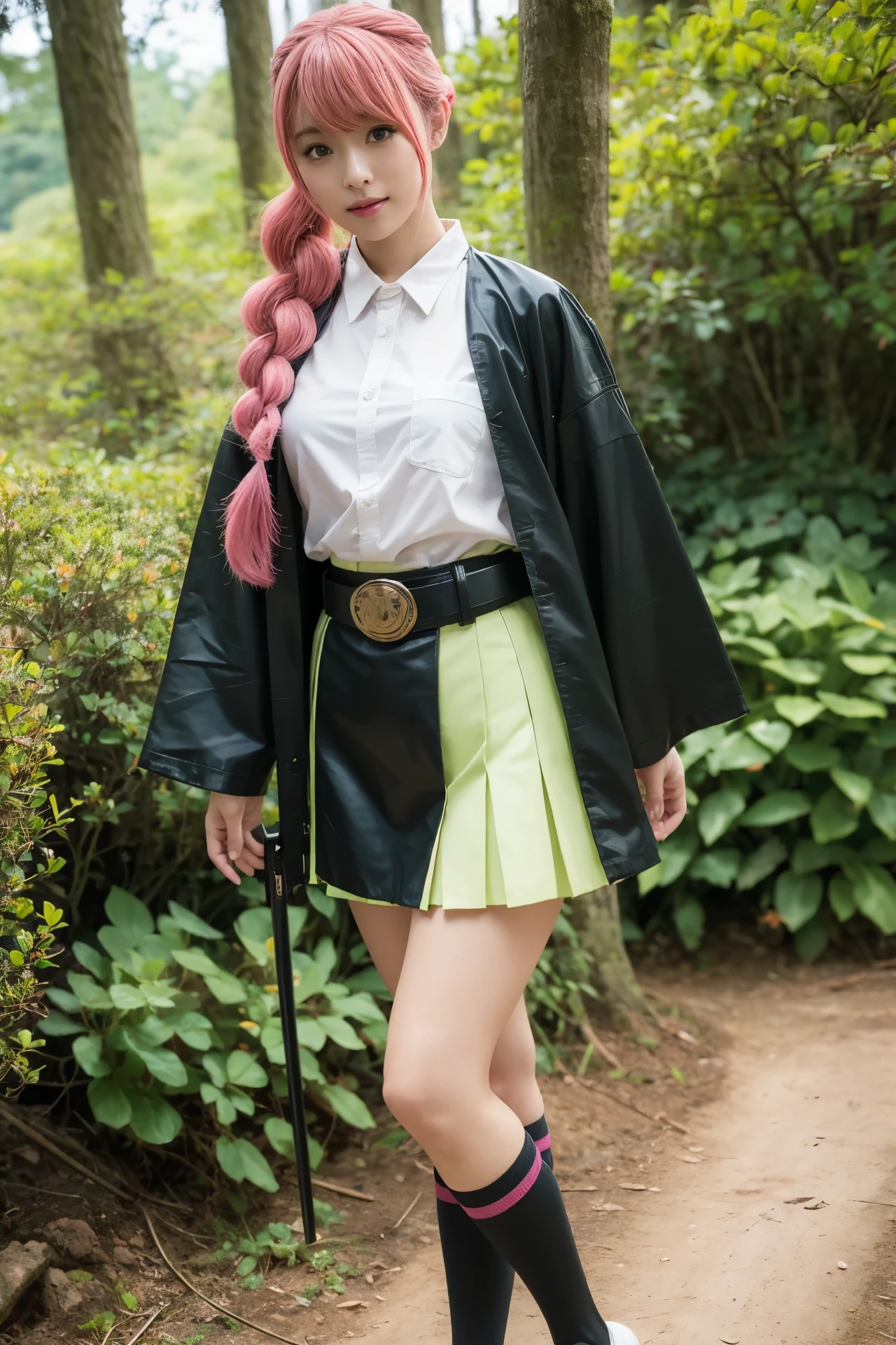 (perfect anatomy),(Demon Slayer Worldview),(Beautiful cosplay of Mitsuri Kanroji),Full body shot from the side,In the forest at dusk,fold your hands and lean forward,mole under eye,pink hair,mole,long hair,colorful hair,Braid,gradient hair,demon slayer uniform,green hair,green eyes,bangs,long sleeve,shirt,twin Braids,two tone hair,kimono,white shirt,Haori,Jacket,black Jacket,belt,collared shirt,white belt,skirt,unbuttoned shirt,black skirt,open shirt,(A sword in a scabbard),green knee socks,pleated skirt,miniskirt,1 girl,sexy pose,highest quality,masterpiece,figure,very delicate and beautiful,CG,unity,8k wallpaper,wonderful,finely,masterpiece,official art,very detailed CG unity 8k wallpaper,incredibly absurd,huge file size,super detailed,High resolution,very detailed,beautiful detailed girl,realistic,full frontal,dirt road in deep forest,contrast of light,