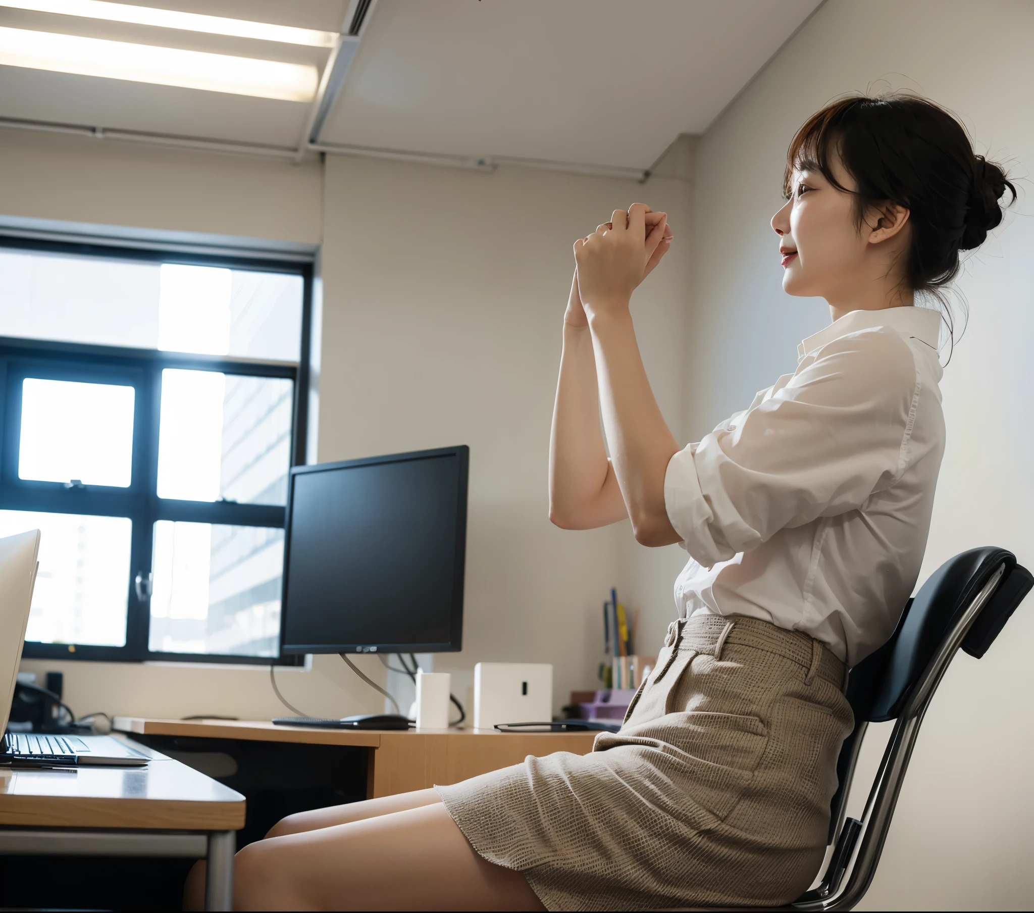 in a brightly lit office,She celebrated her promotion alone,