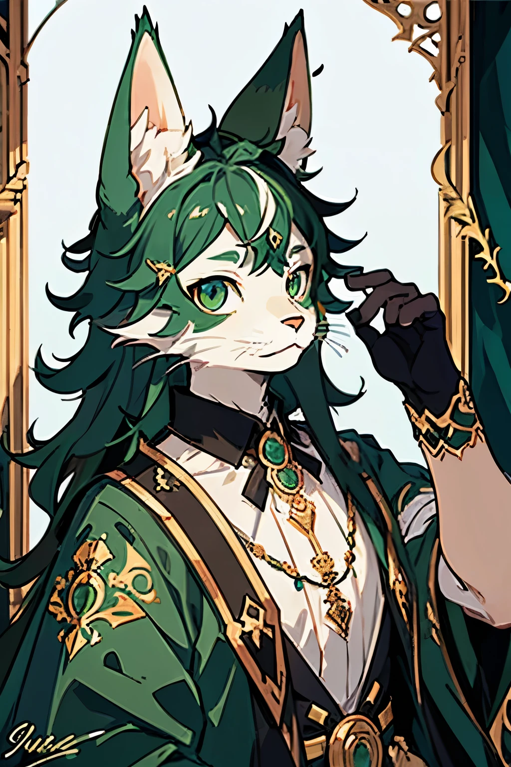 Masterpiece, one cat, solo, German Curly cat, European self-portrait, intricately detailed fur texture, expressive curly ears, vibrant emerald green eyes, captivating gaze, regal pose, high contrast lighting, realistically painted whiskers and nose, sleek and shiny coat, fine art, impressionistic style, signed by artist, detailed background, showcasing rich European culture and heritage.