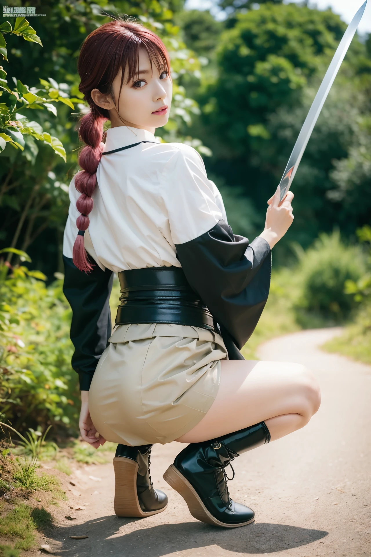 (Demon Slayer Worldview),(Beautiful cosplay of Mitsuri Kanroji),Full body shooting from behind,In the forest at dusk,Stand on your knees and look over your shoulder,mole under eye,pink hair,mole,long hair,colorful hair,Braid,gradient hair,demon slayer uniform,green hair,green eyes,bangs,long sleeve,shirt,twin Braids,two tone hair,kimono,white shirt,Haori,Jacket,black Jacket,belt,collared shirt,white belt,skirt,unbuttoned shirt,black skirt,open shirt,(A sword in a scabbard),green knee socks,pleated skirt,miniskirt,1 girl,sexy pose,highest quality,masterpiece,figure,very delicate and beautiful,CG,unity,8k wallpaper,wonderful,finely,masterpiece,official art,very detailed CG unity 8k wallpaper,incredibly absurd,huge file size,super detailed,High resolution,very detailed,beautiful detailed girl,realistic,full frontal,dirt road in deep forest,contrast of light,