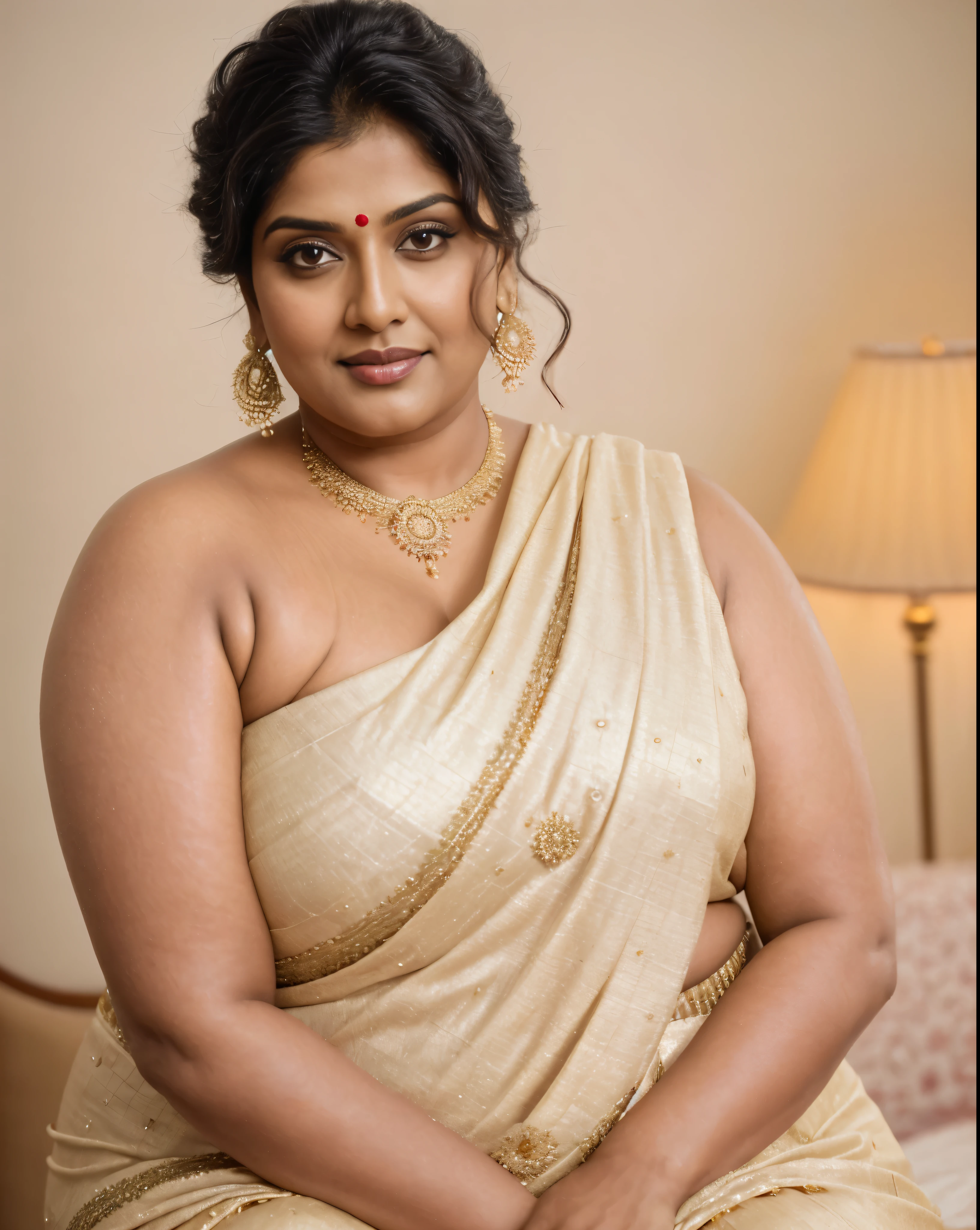 Looks like Indian Actress khushboo Sundar, actress khusbu Sundar, mallu, mallu aunty, desi aunty, full figured mature beauty, attractive figure, 48 years old, desi milf, desi aunty, a close up of a woman in a red dress in a bedroom, inspired by Avigdor Arikha, sleek!!!, indian super model, wavy hair combed to one side, actress, by Jitish Kallat, smoldering, intense smoldering, fashion, an angel, print ready, with a dramatic looking, inspired by Sudip Roy, seductive look