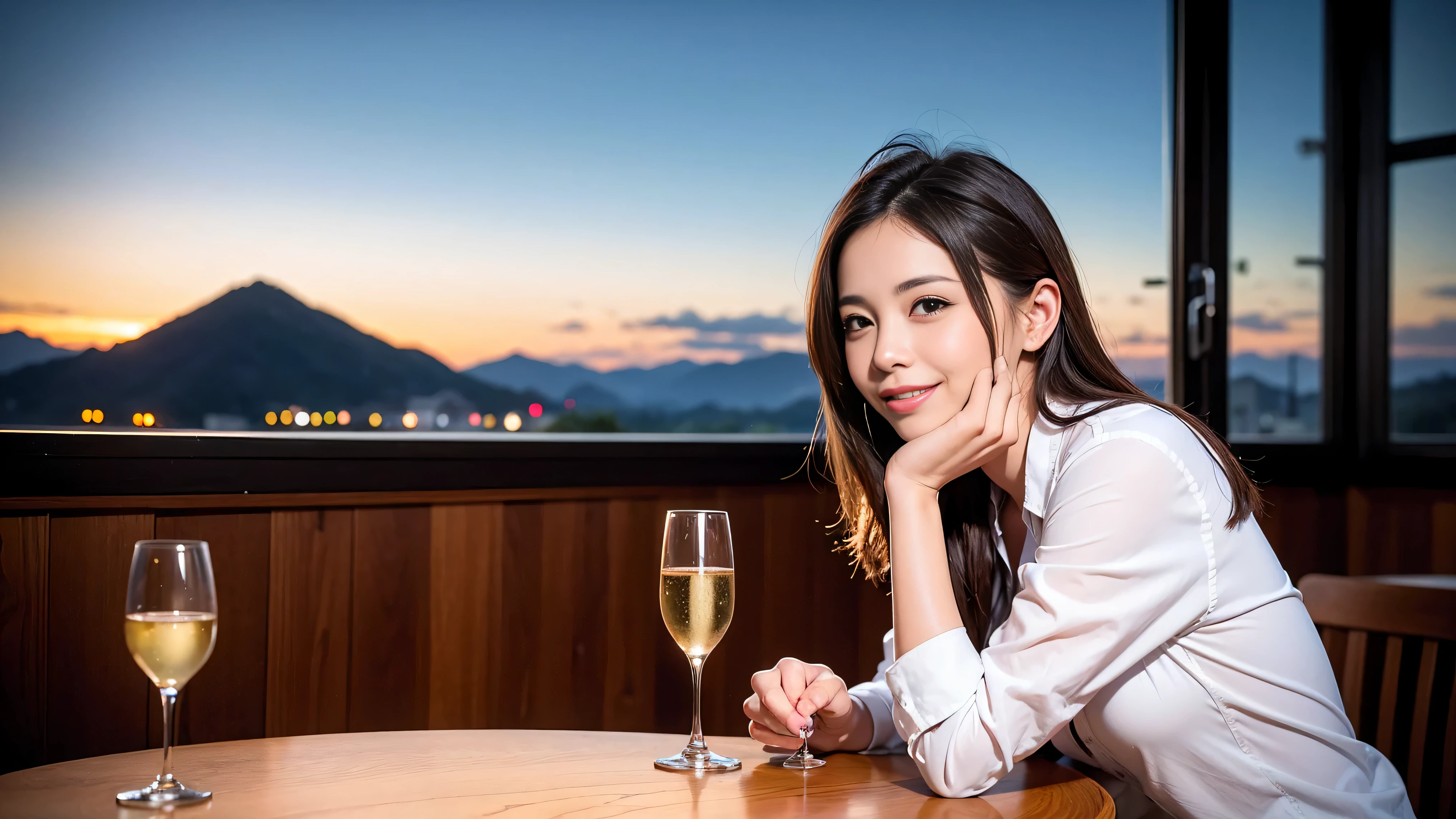 64k, Hmm, highest quality, masterpiece: 1.2), (realistic, photorealistic: 1.37), Spectacular view of the sunset sky and clouds、Amazing mountain views、slimな美女3名, (slimフェイス),Happy、 最高なsmile、Fox face、Berry Short、(because I'thin), (brown hair), (shortcut), long sleeve shirt、winter fashion、Colombian、Brazilian、Japanese、Dutch、German、Portuguese、Belgian、Italian、French,Champagne、sparkling wine、 (squirt), (slimボティ), (brown hair), (shortcut), neat beauty、cheeks turn a little red, (35 years old), 38 years old, alone, A beautiful and detailed night view spreads out outside the window....., restaurant, wine glassが座っている, At night, in a prominent place (from the Upper body) nova frog style, actress, model, Upper body, White wine, slim, wine glass, Very beautiful night view, wine glass Put in the Middle, Happy smile, (smile: 1.15),