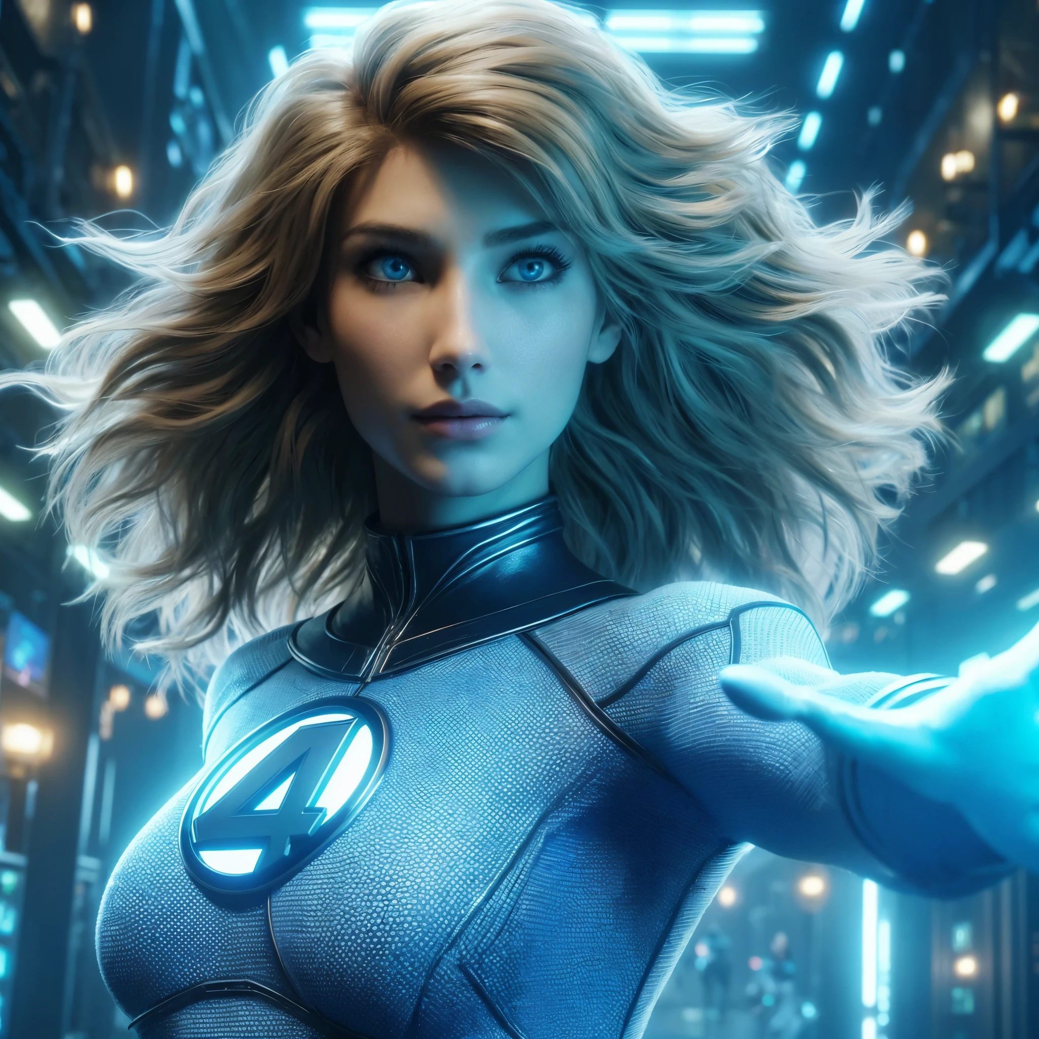 (very sharp photo result, full body desaturated photo) (((textile shading))), (((Best Quality))), (((masterpiece))), (((hyper realistic photo))), backlight shade, caucasian 35-year old fantastic four invisible woman, (((classic sci-fi suits with "4" logo on chest))) (blue light ones))), 50`s hairstyle blonde hair, ((waving by winds, gorgeous hair)), blue eyes, (((bi))), ((striking a pose)), neon lights environtment,inside hi-tech space facility, gritty atmosphere,4K, perfect