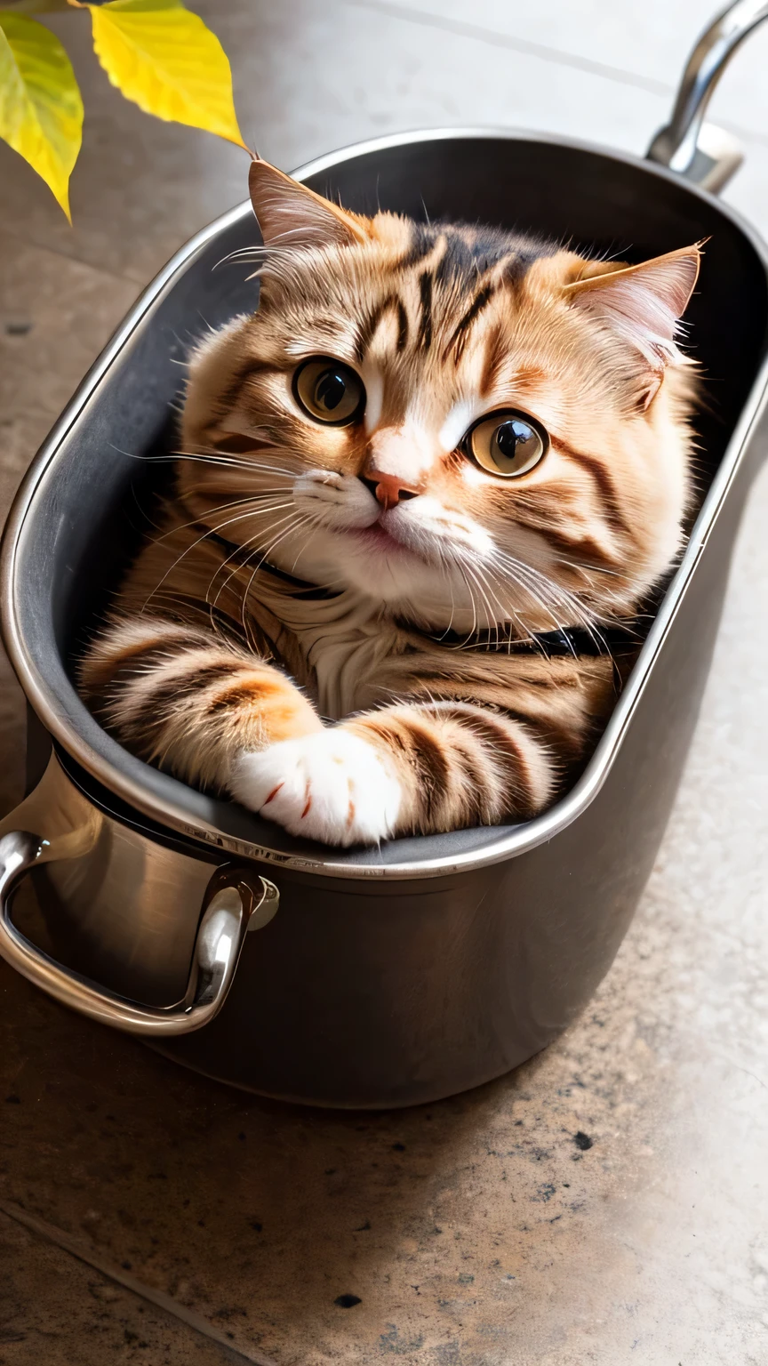 overhead shot,a coffee cat,Place face up on your back,Place flat in metal basin,open your eyes,The belly is covered with a few leaves,Basking in the sun,move lazily、cute expression,High-precision image quality,Realistic photography style。